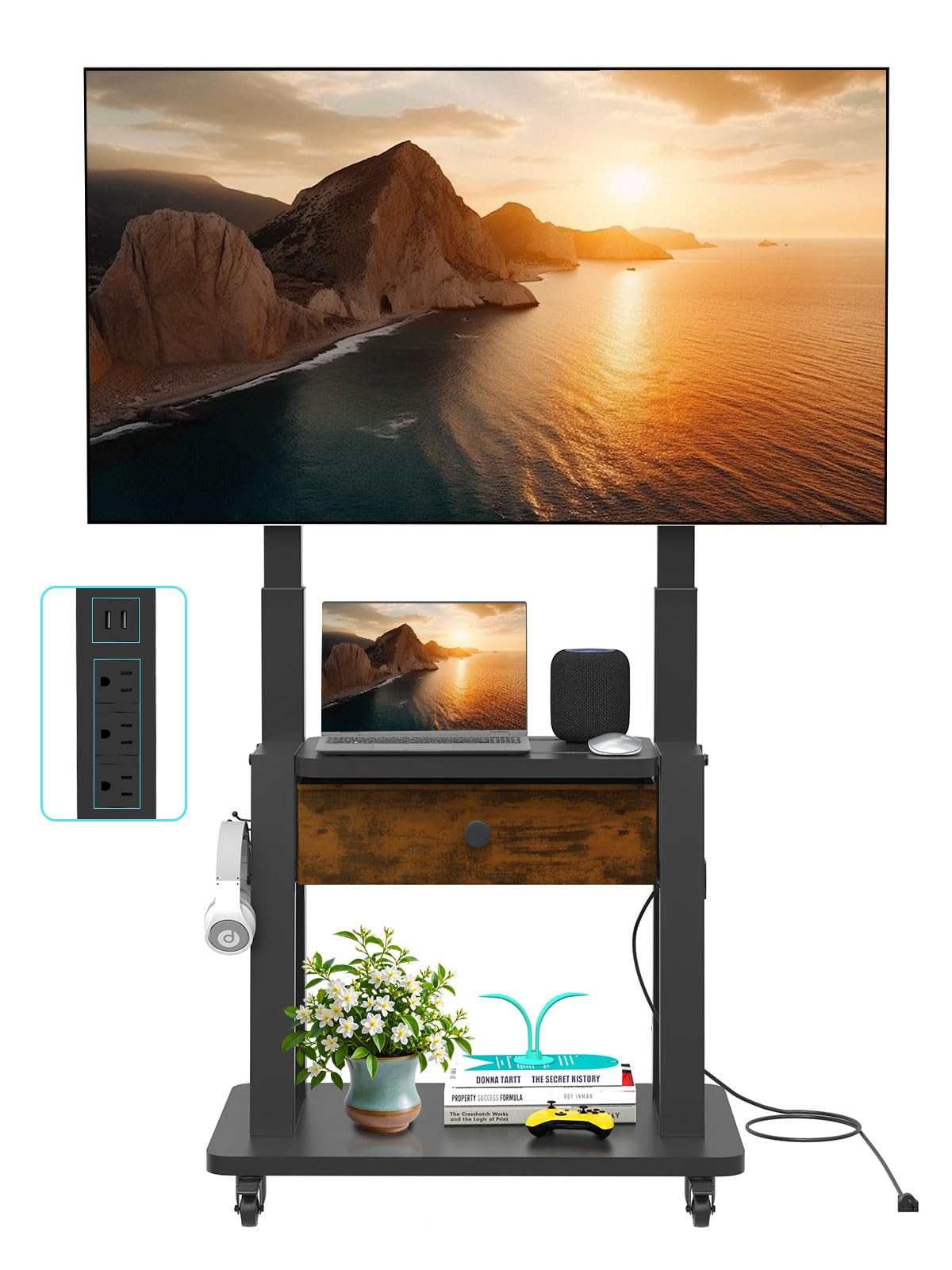 Rolling TV Stand with Power Outlet and Fabric Drawer for 32-75 Inch Flat/Curved Screen Z46842