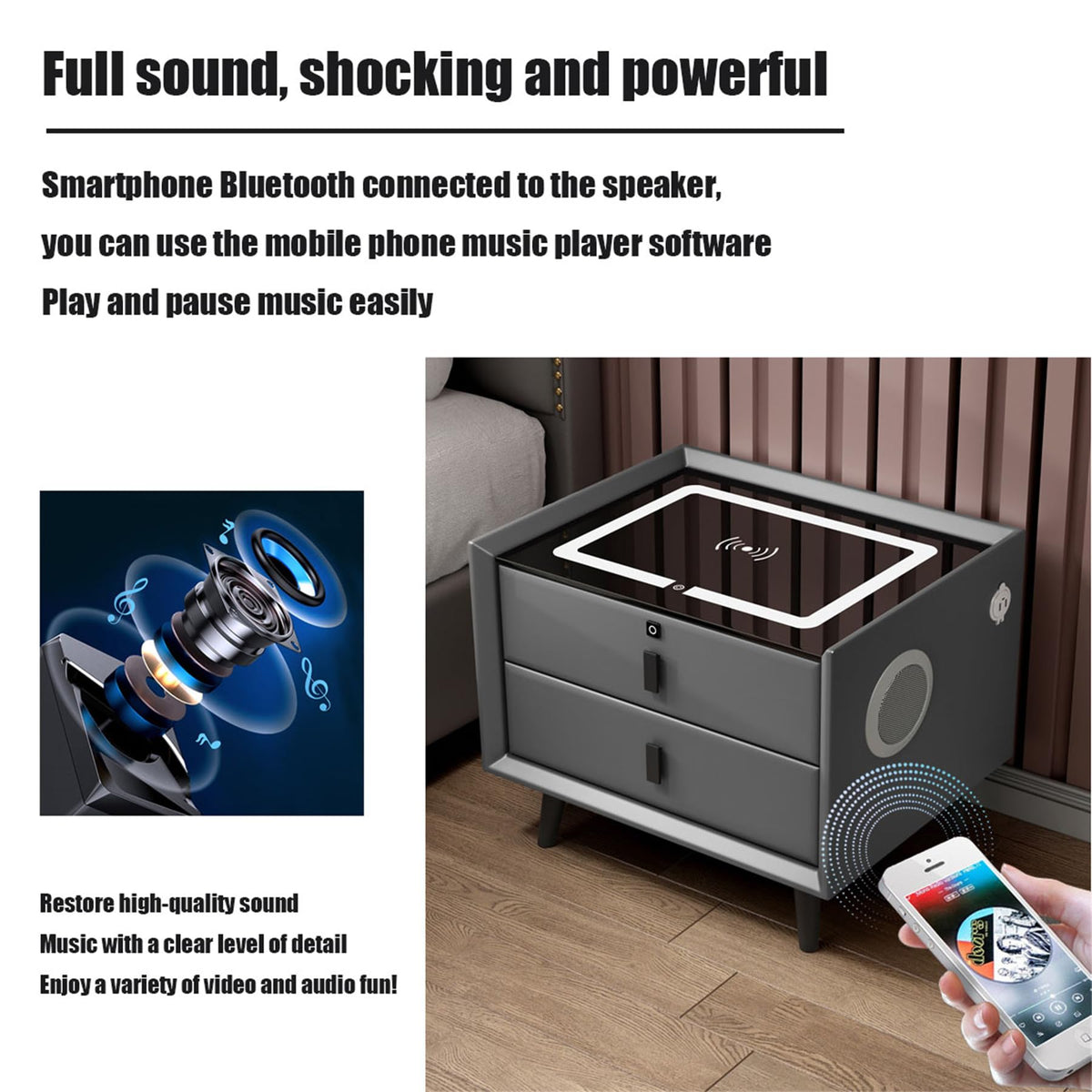 Wooden Nightstand with Wireless Charging Station, USB Port, LED Lights and Fingerprint Lock Drawers I65861
