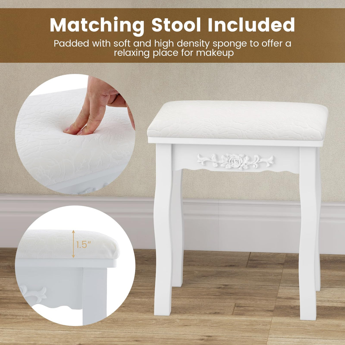 White Makeup Vanity Table with Lighted Mirror and Stool T5990