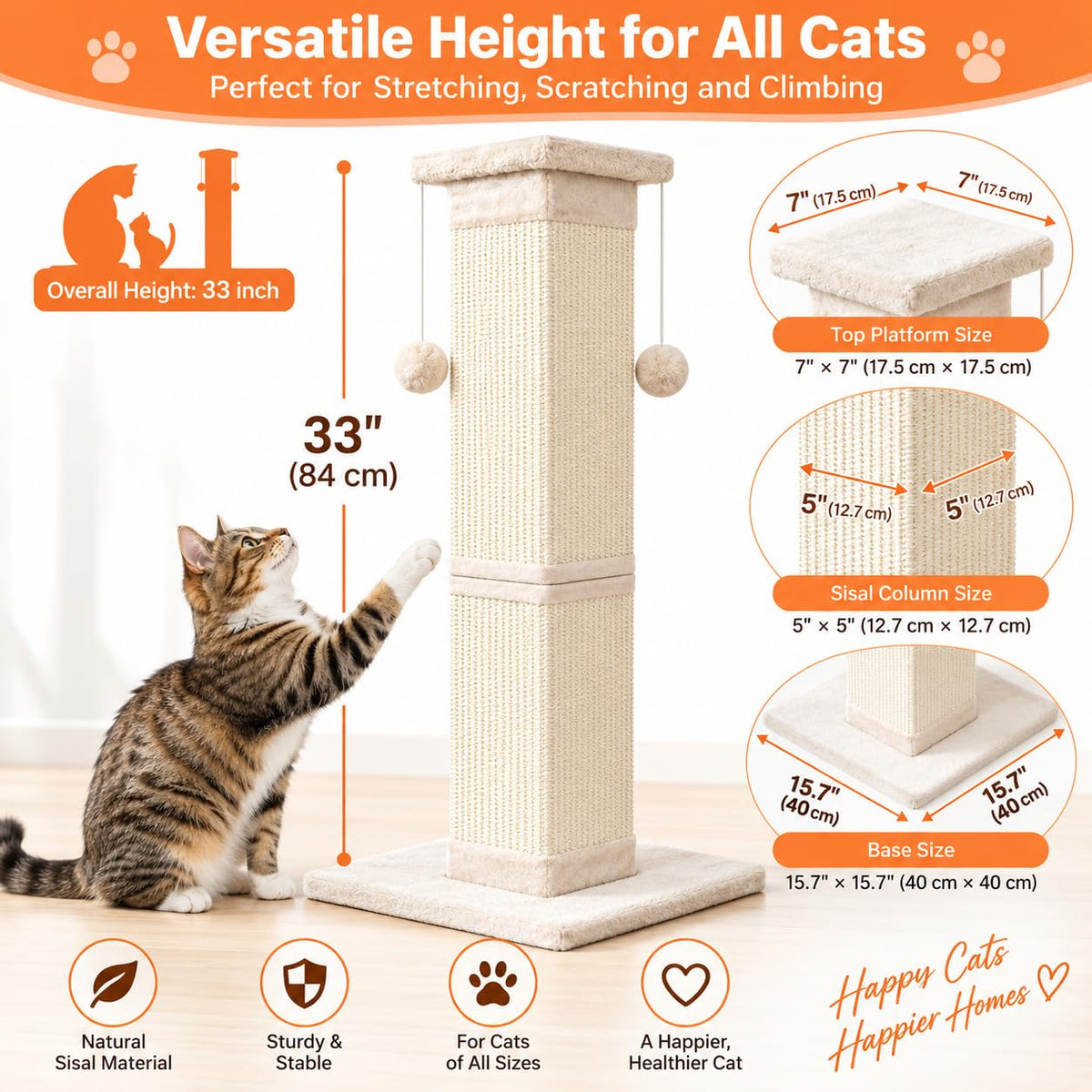 33 Inch Nature Sisal Cat Scratching Post Q565