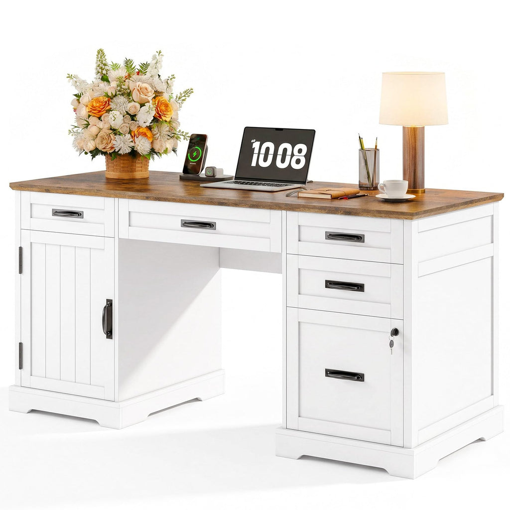 55'' White Farmhouse Desk with Drawers I33866