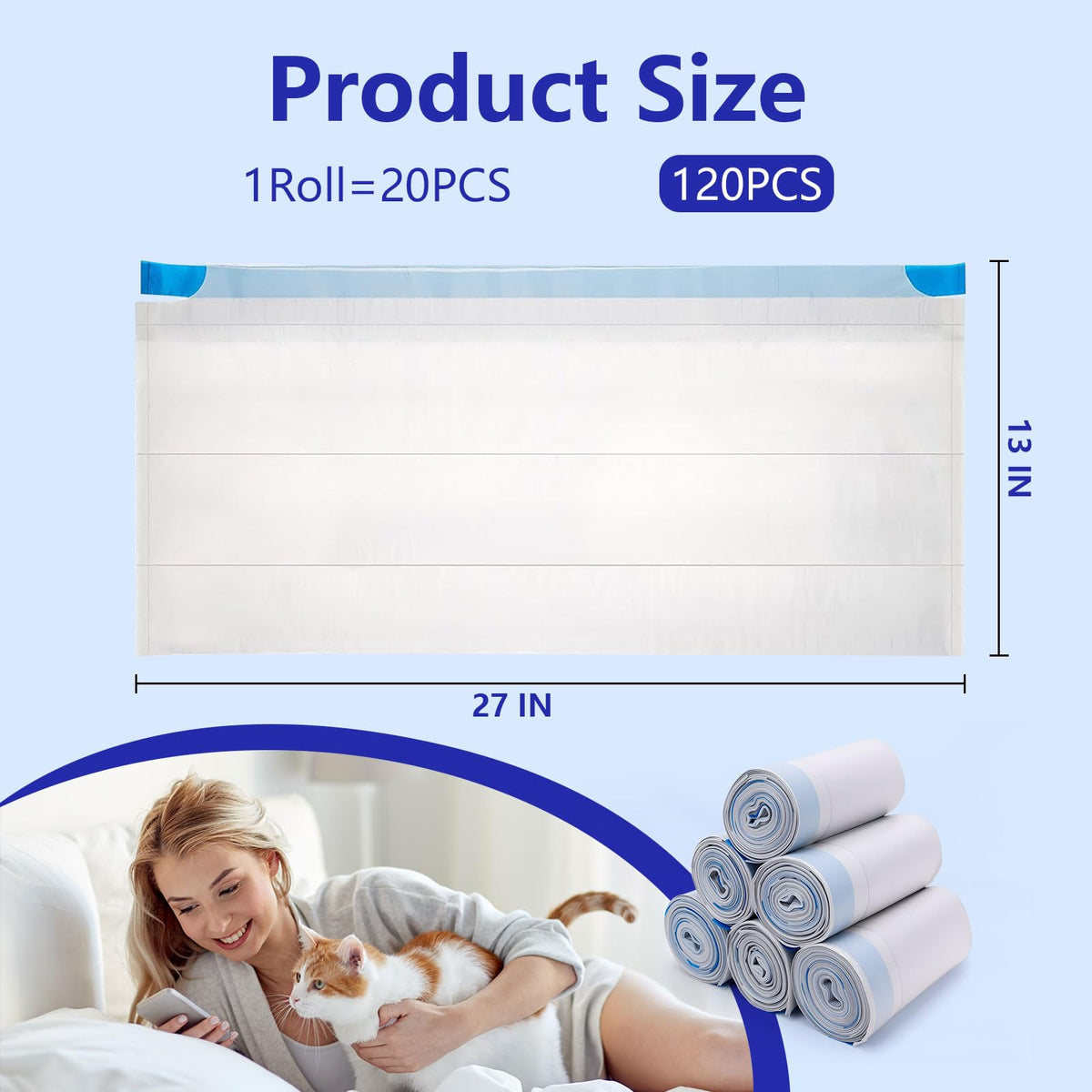 120 Count Cat Litter Box Bags, Extra Thick Heavy Duty Liners, Unscented, 27" x 13" G60489