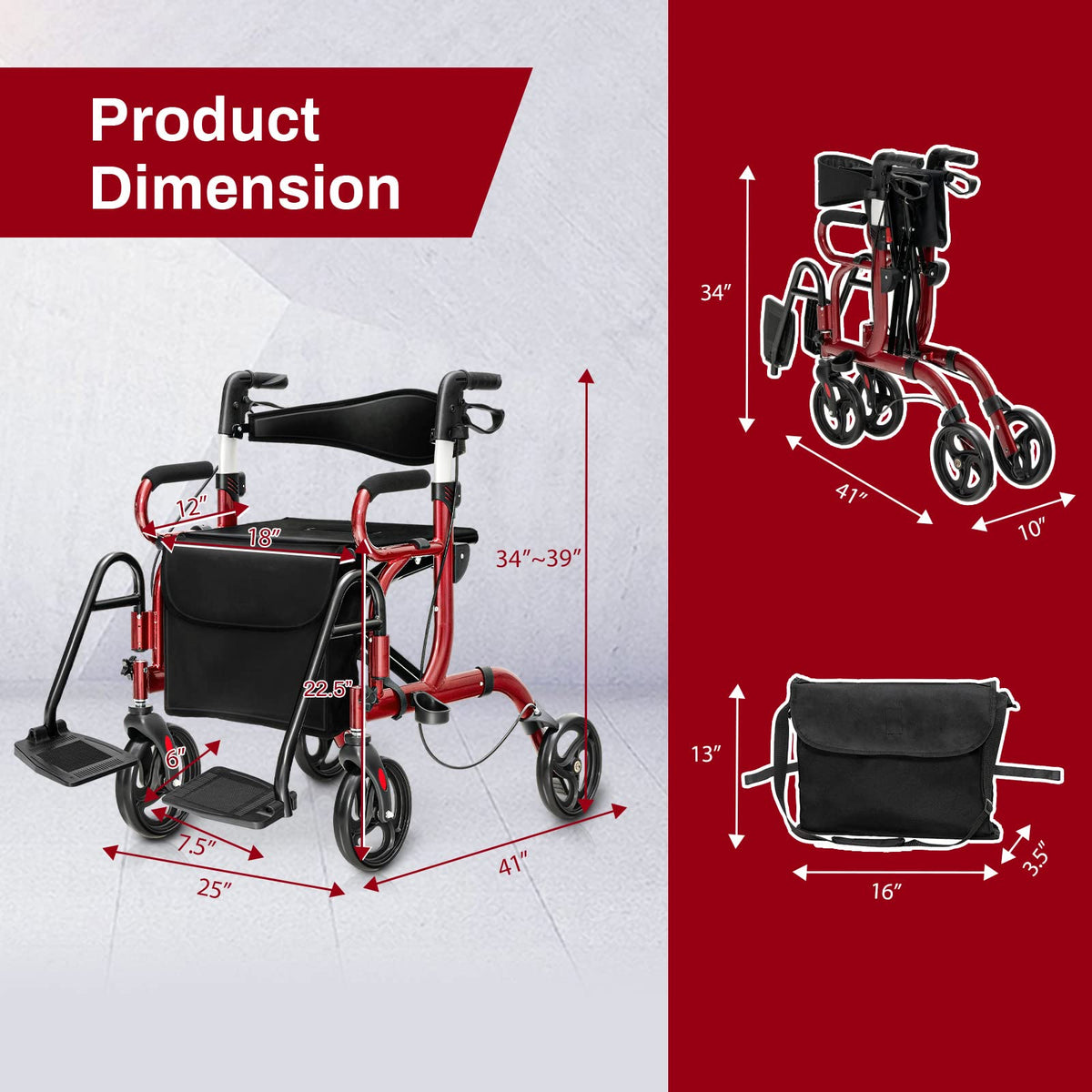 2 in 1 Folding Rollator Walker with Seat and 8" Wheels N613
