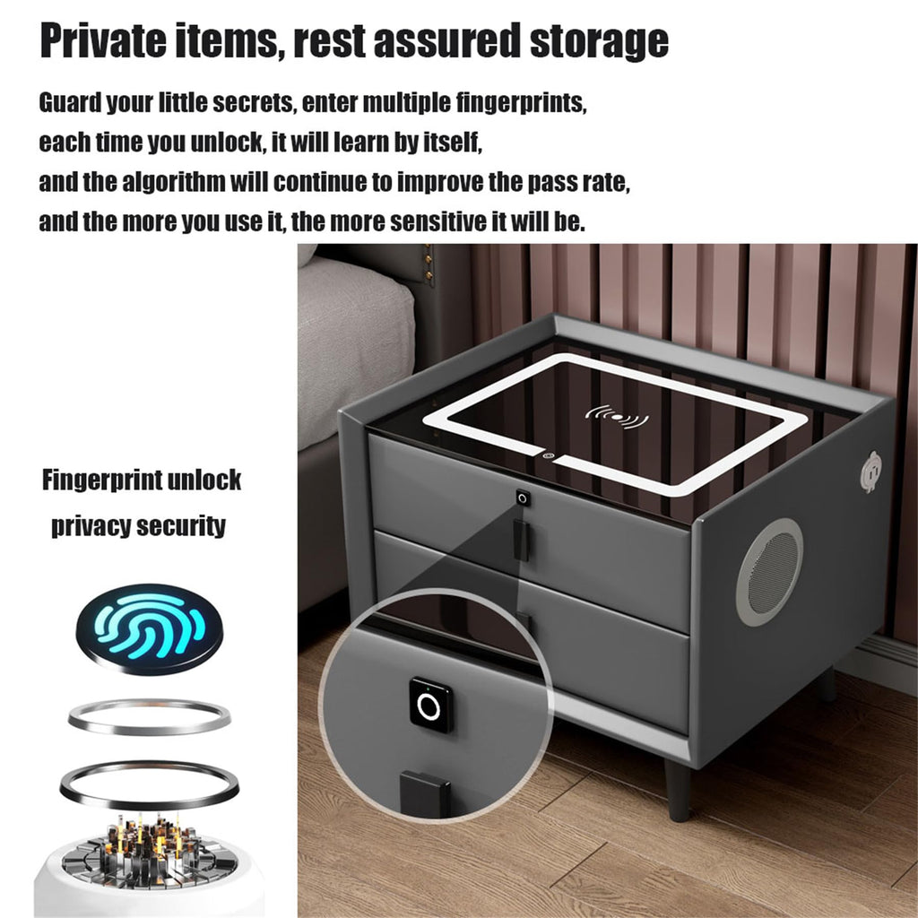 Wooden Nightstand with Wireless Charging Station, USB Port, LED Lights and Fingerprint Lock Drawers I65861