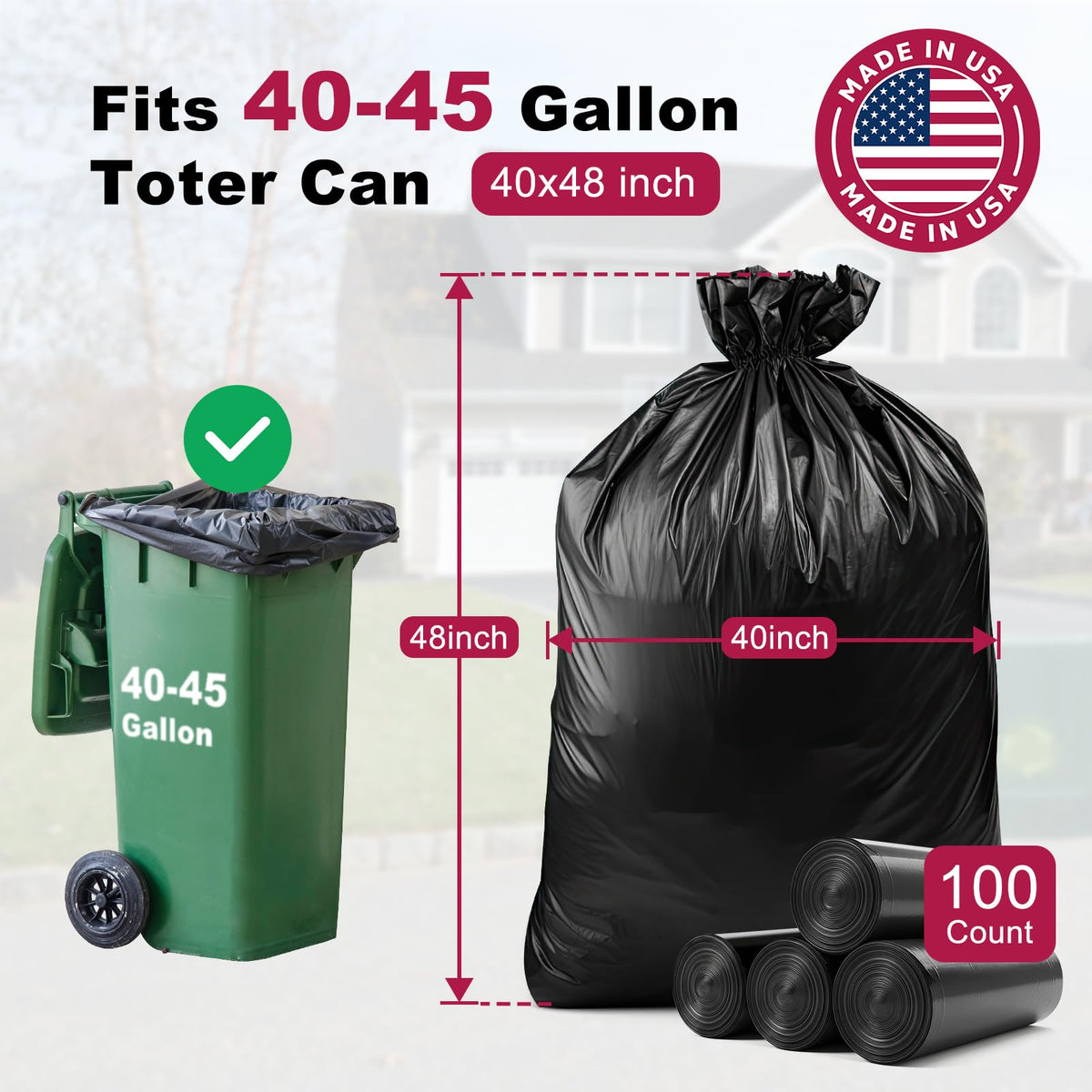 40-45 Gallon Heavy Duty Trash Bags, Pack of 100 I443346