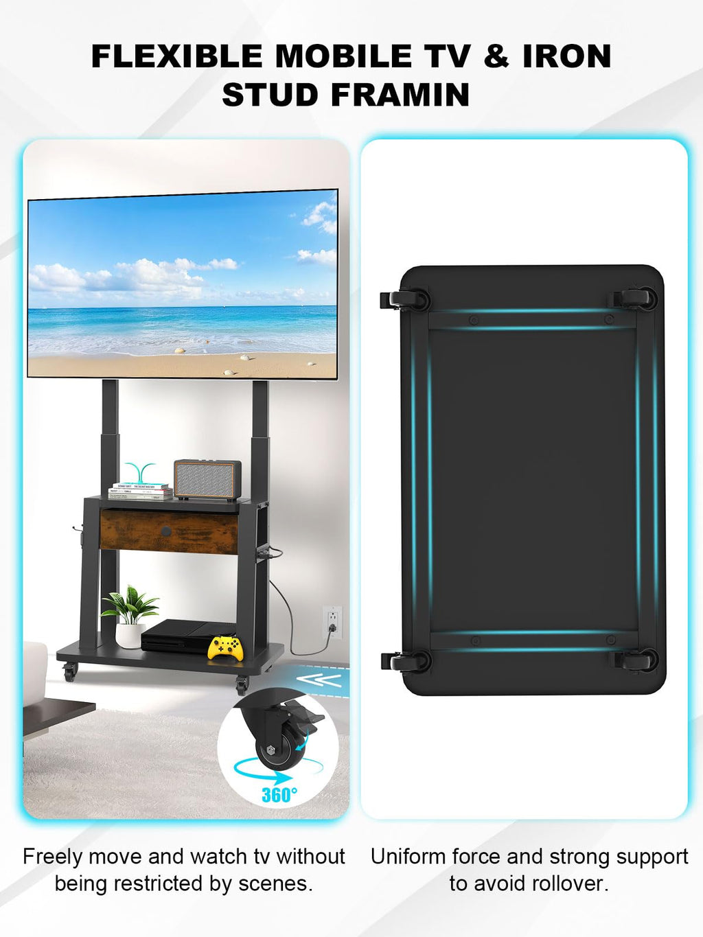 Rolling TV Stand with Power Outlet and Fabric Drawer for 32-75 Inch Flat/Curved Screen Z46842