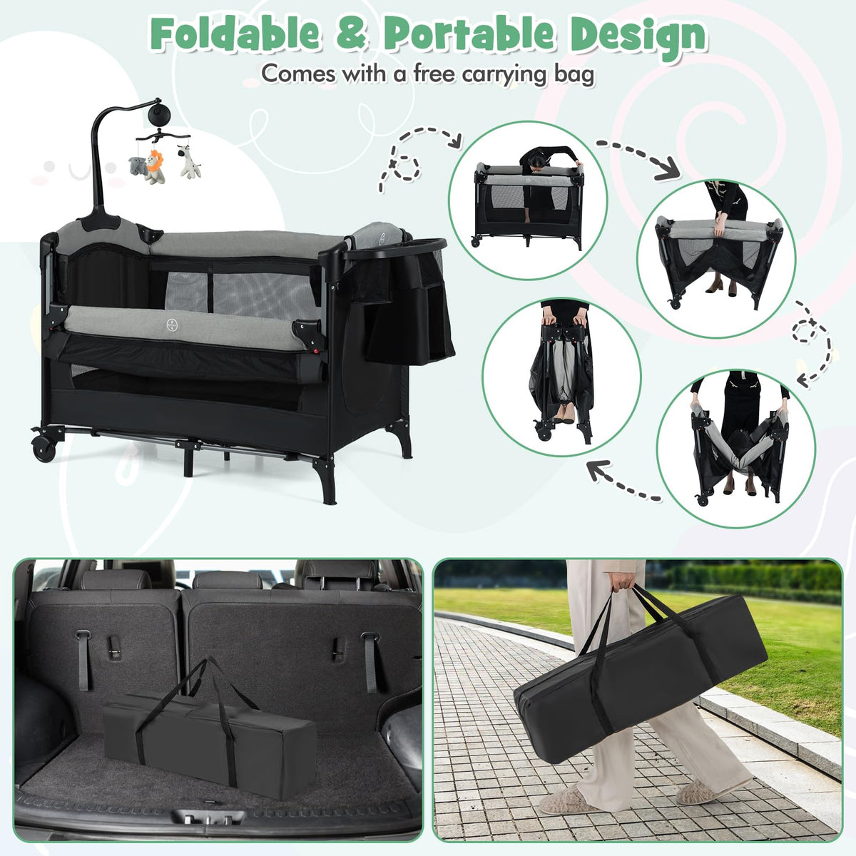 6-in-1 Pack and Play with Bassinet and Changing Table, Black C7744
