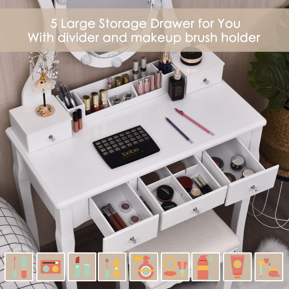 White Makeup Vanity Table with Lighted Mirror and Stool T5990
