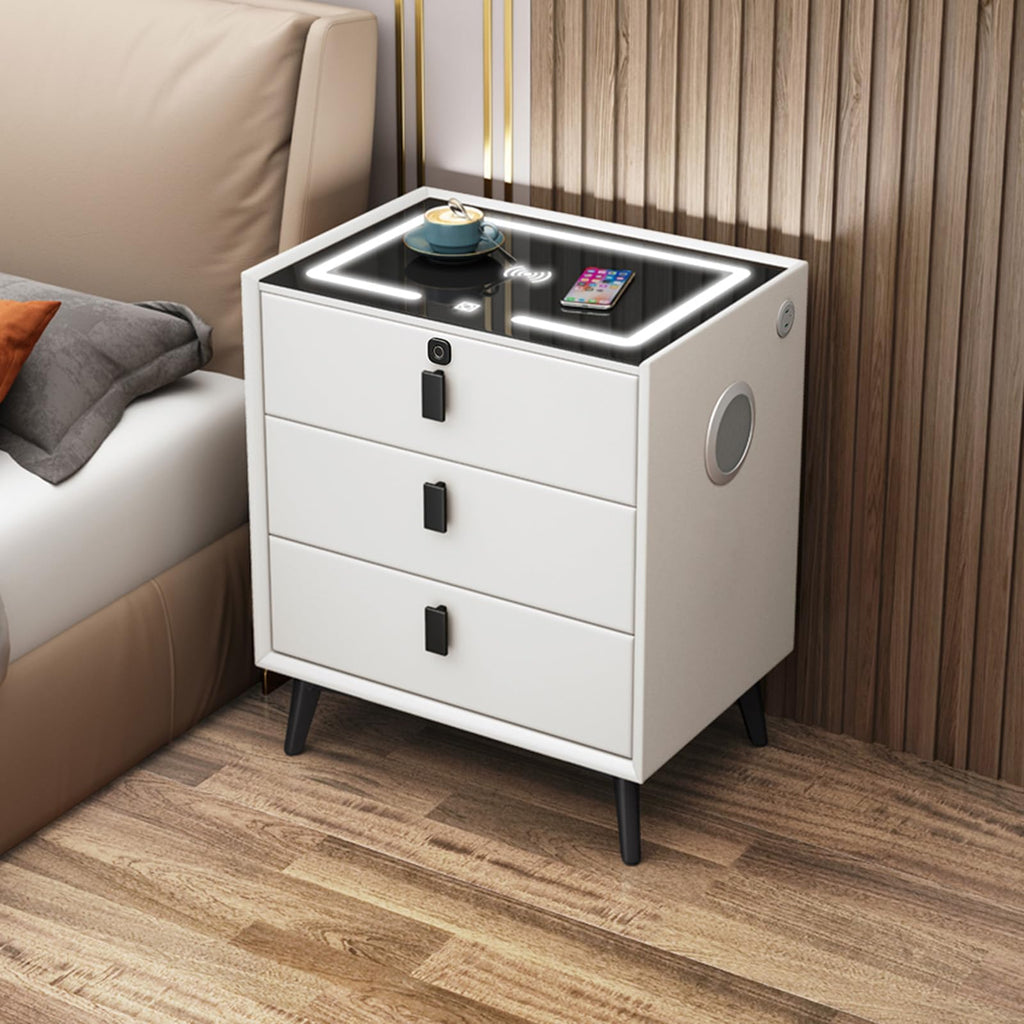 Wooden Nightstand with Wireless Charging Station, USB Port, LED Lights and Fingerprint Lock Drawers I65861