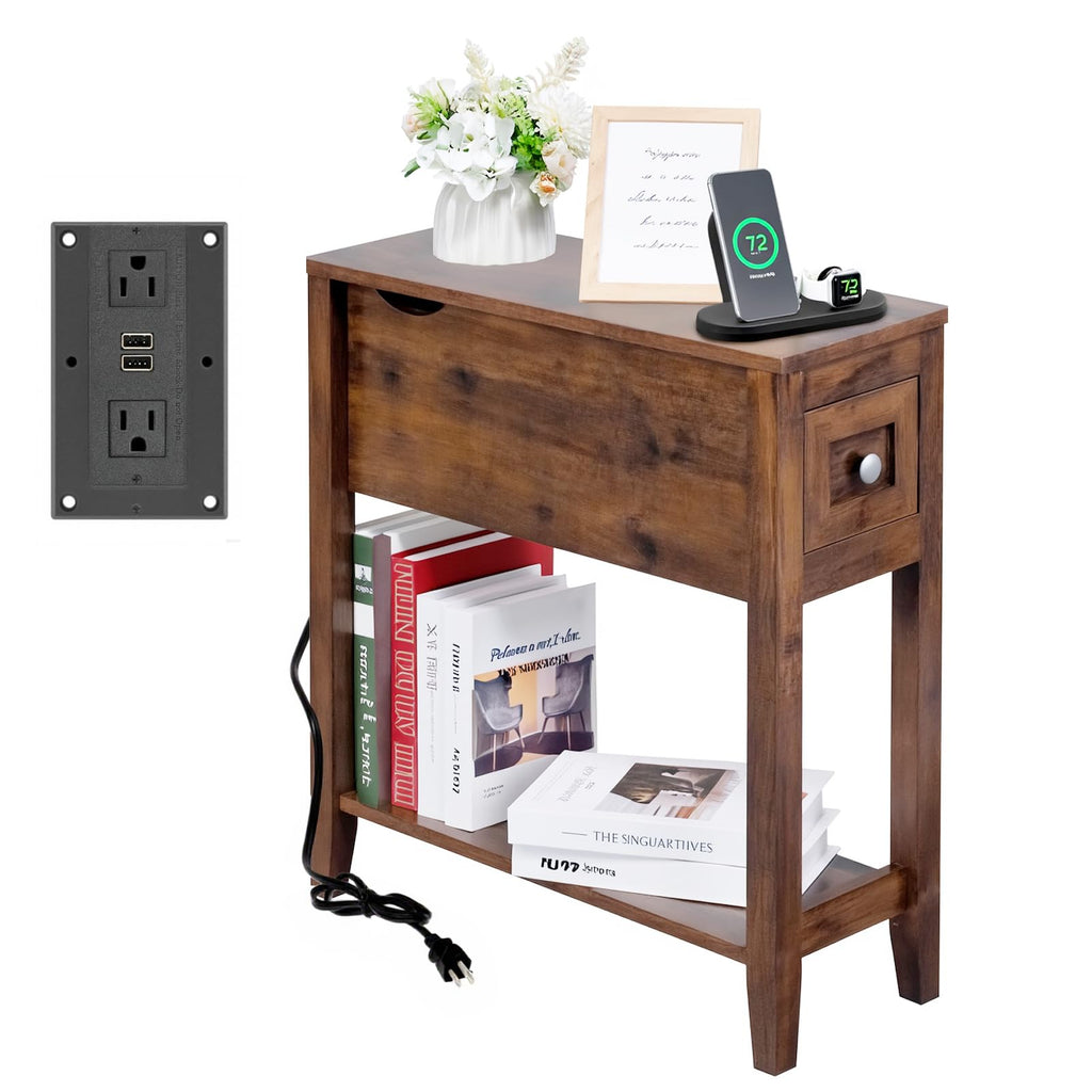Cherry Chairside Table with Charger and Storage Cabinet A20144