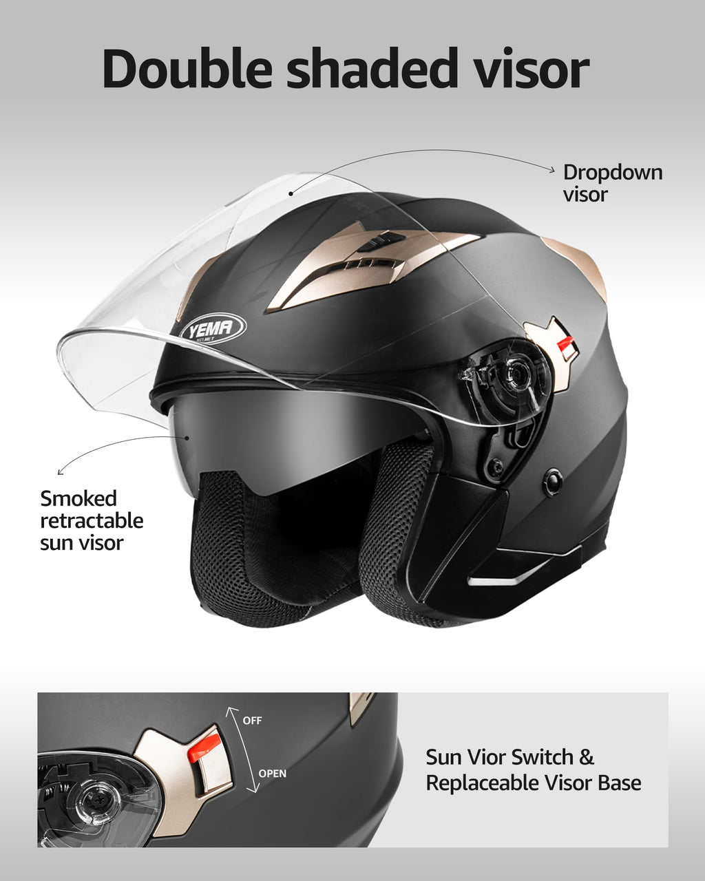 Open Face 3/4 Motorcycle Helmet DOT Approved Dual Visor P5601