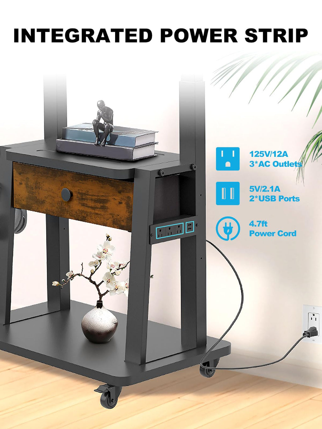 Rolling TV Stand with Power Outlet and Fabric Drawer for 32-75 Inch Flat/Curved Screen Z46842