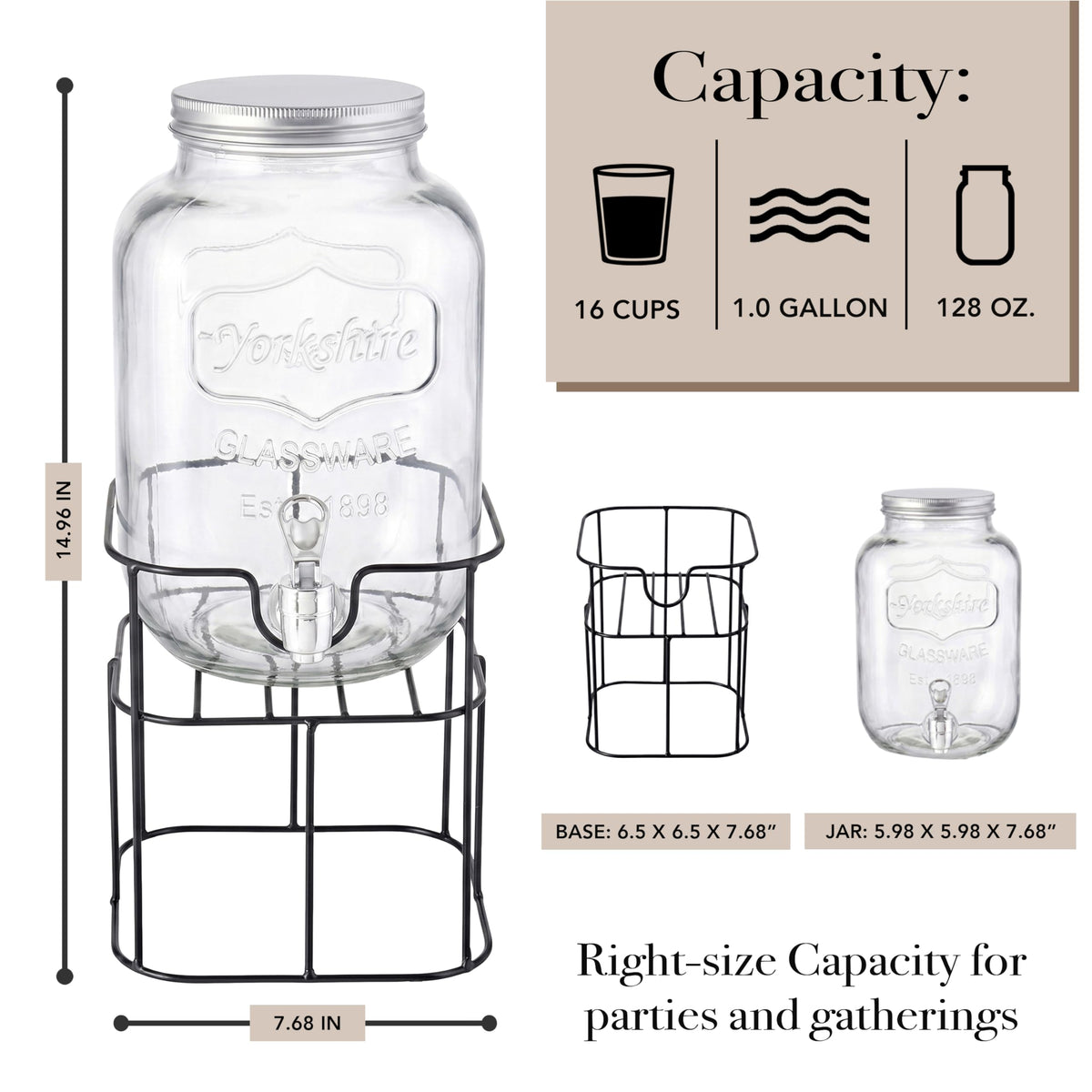 Mason Jar Glass Beverage Dispenser with Metal Stand, 1 Gal U45353