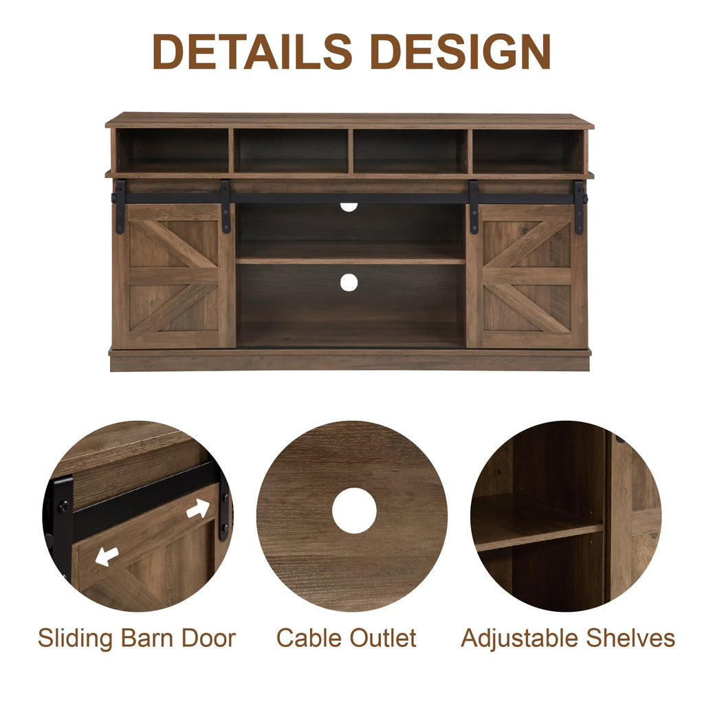 Natural Brown Wood TV Stand with Sliding Barn Door R9490