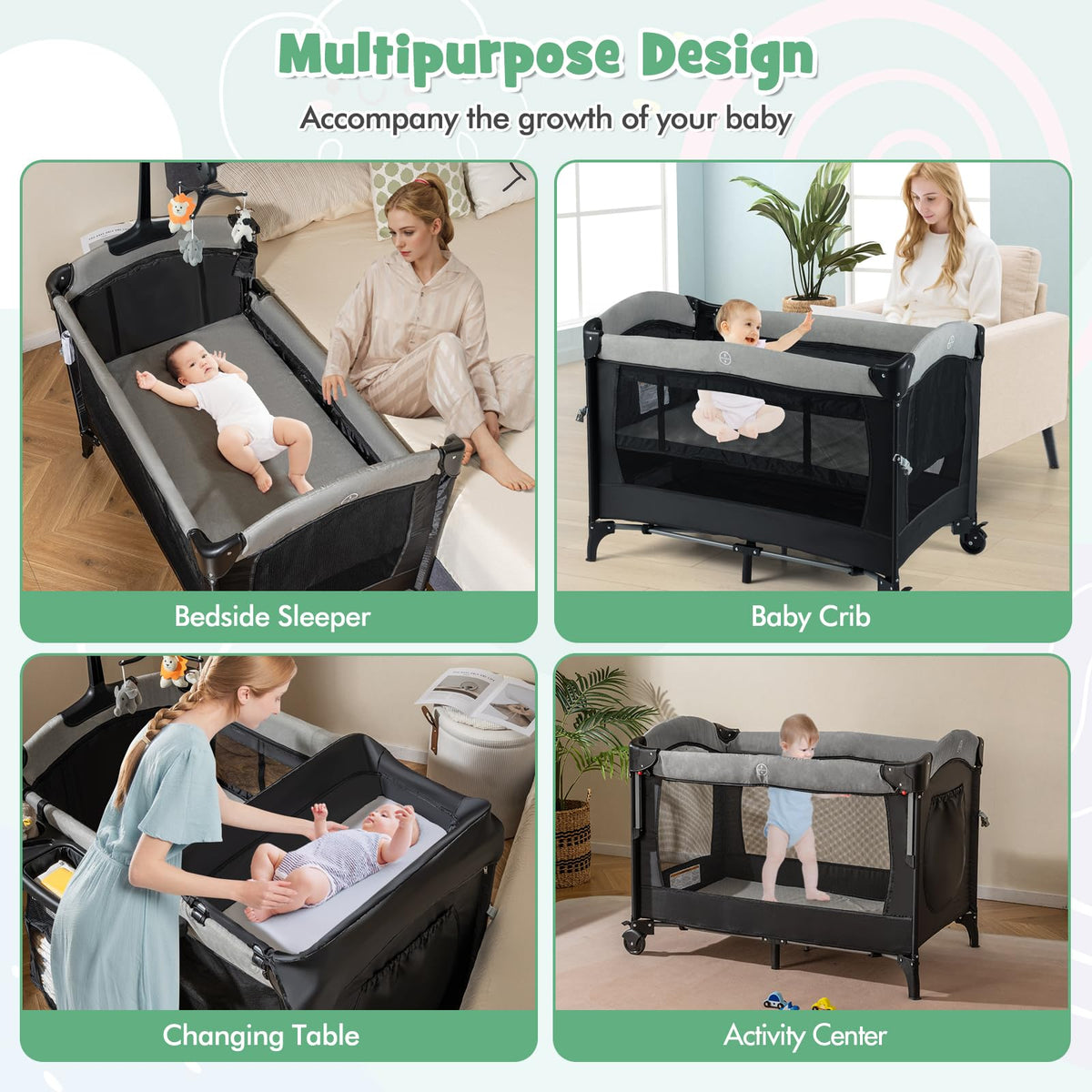 6-in-1 Pack and Play with Bassinet and Changing Table, Black C7744