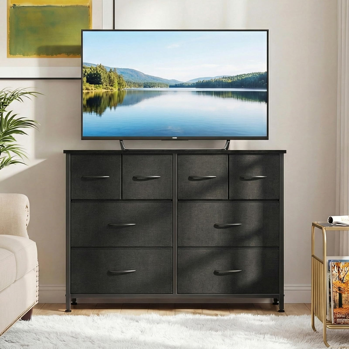 Black 8 Fabric Drawer Dresser with Wood Top W932