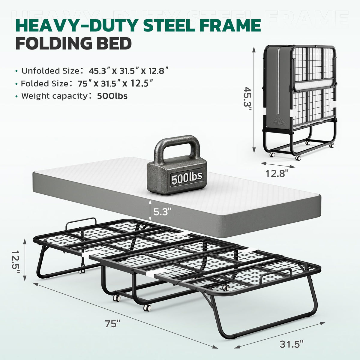 Folding Bed with Mattress Metal Frame Cot Size S365309