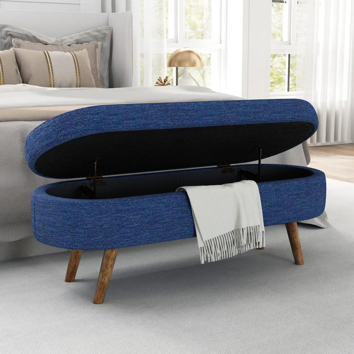 Oval Storage Bench with Rubber Wood Legs, Blue T120313