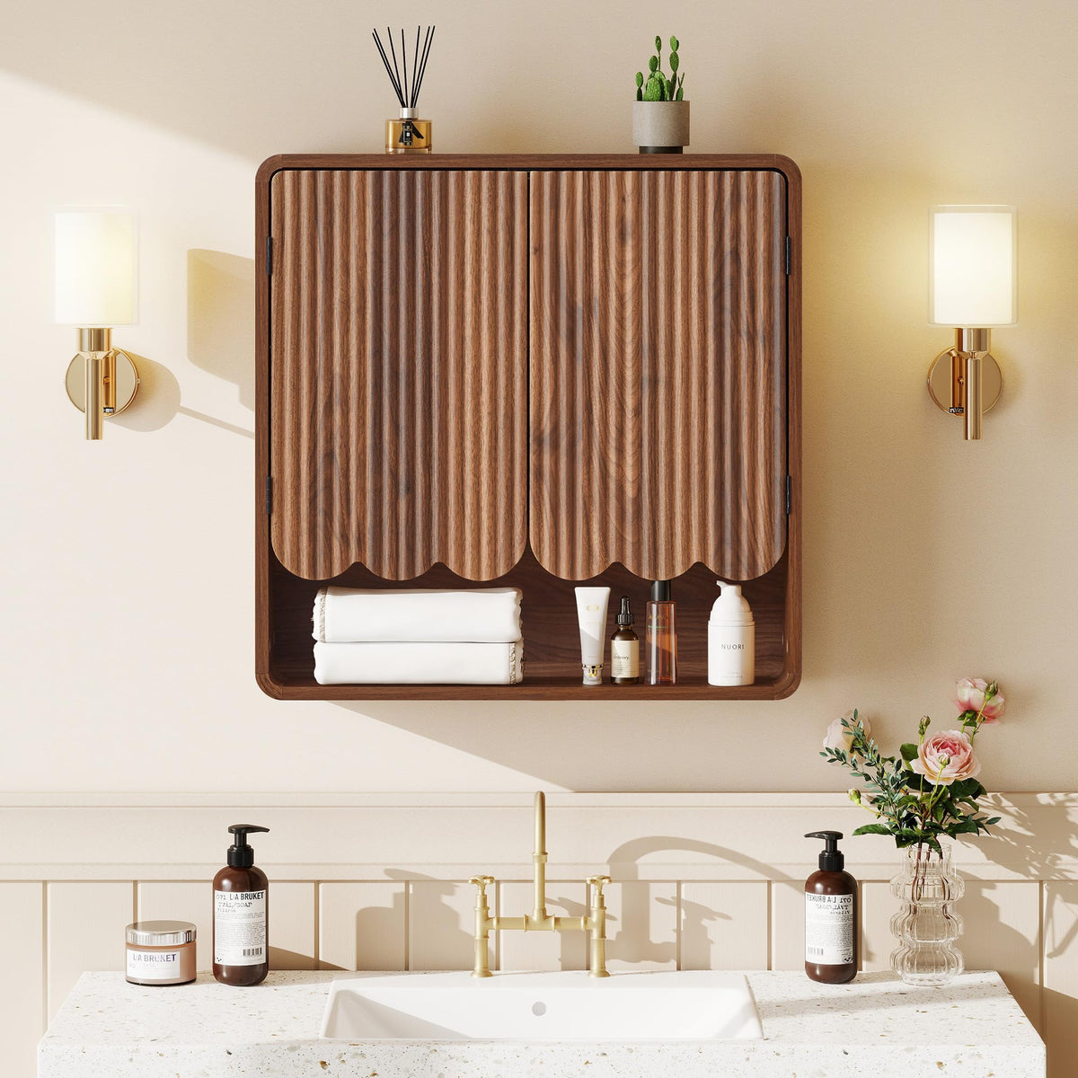 Walnut Fluted Bathroom Wall Cabinet K8111