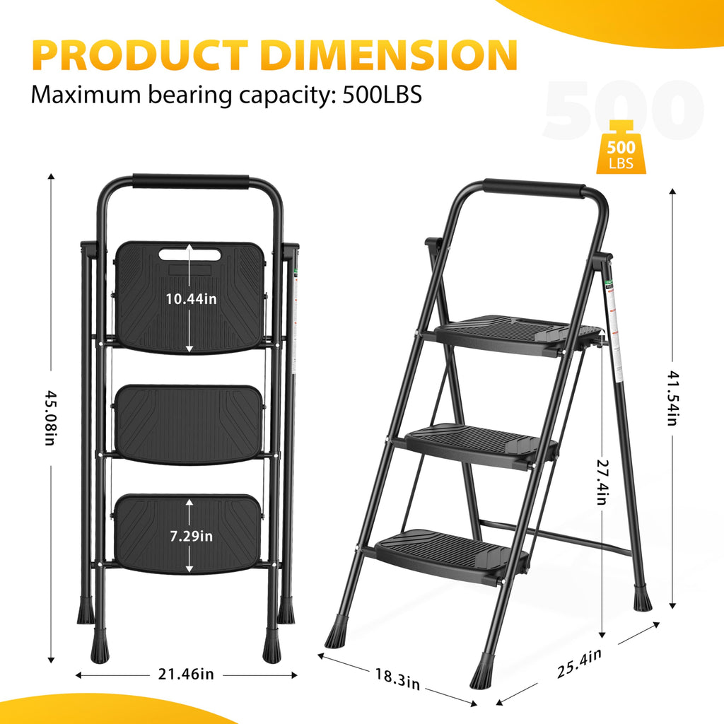 Folding Steel 3-Step Ladder with Handrail W76998