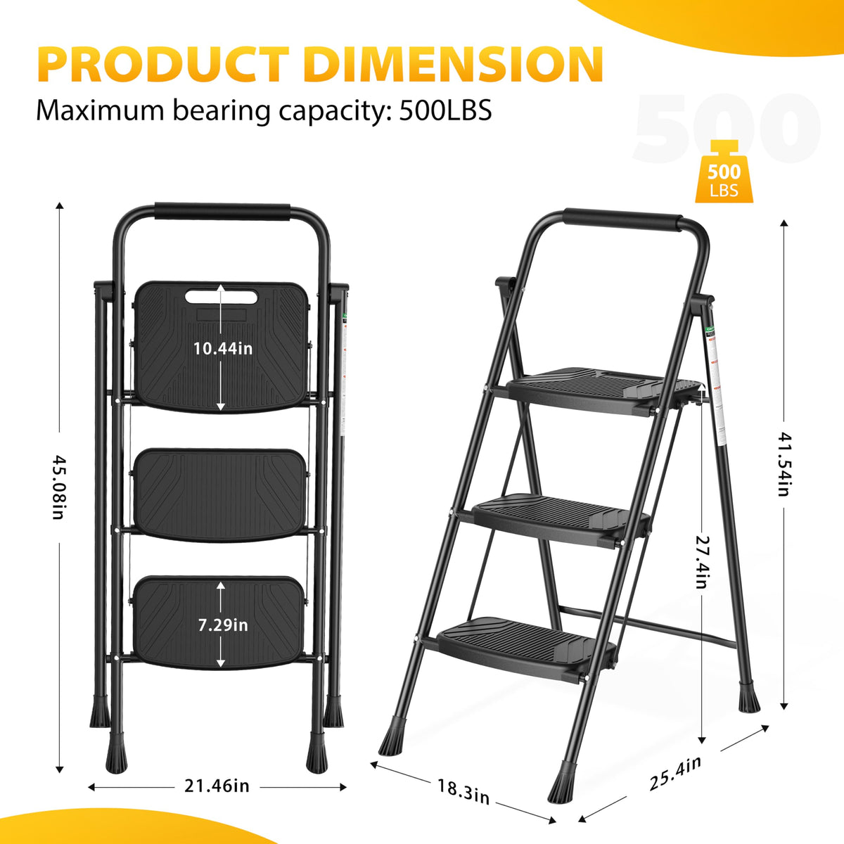 Folding Steel 3-Step Ladder with Handrail W76998