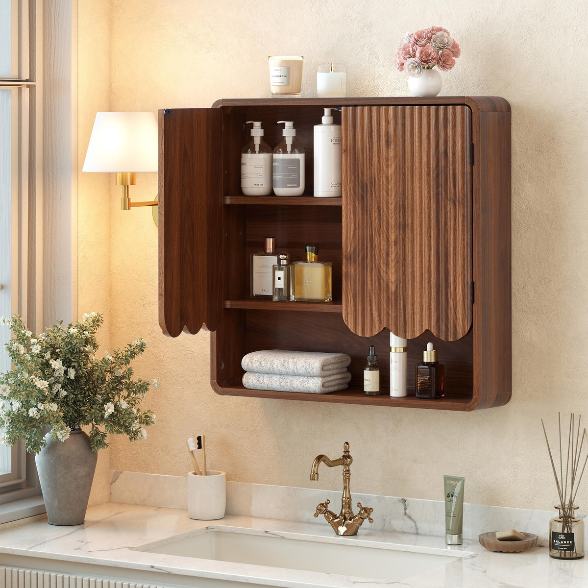 Walnut Fluted Bathroom Wall Cabinet K8111