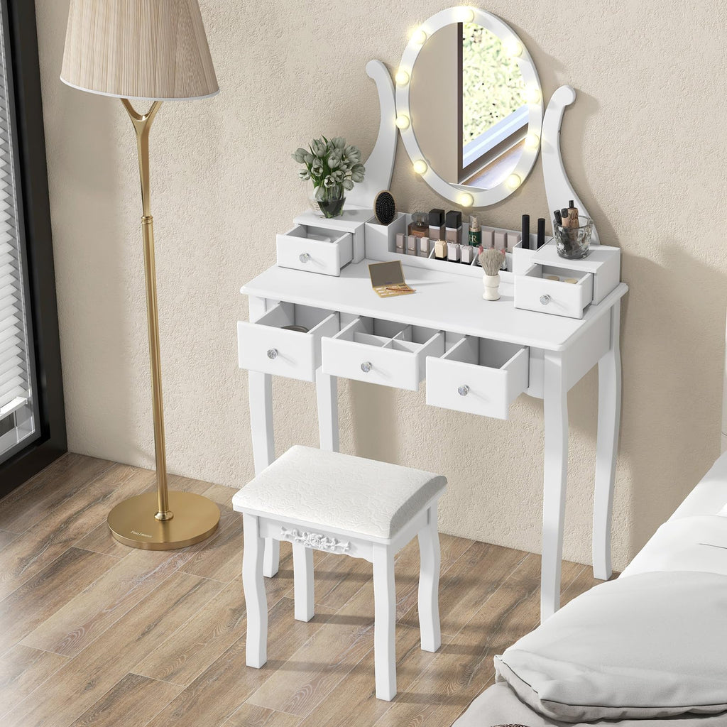 White Makeup Vanity Table with Lighted Mirror and Stool T5990