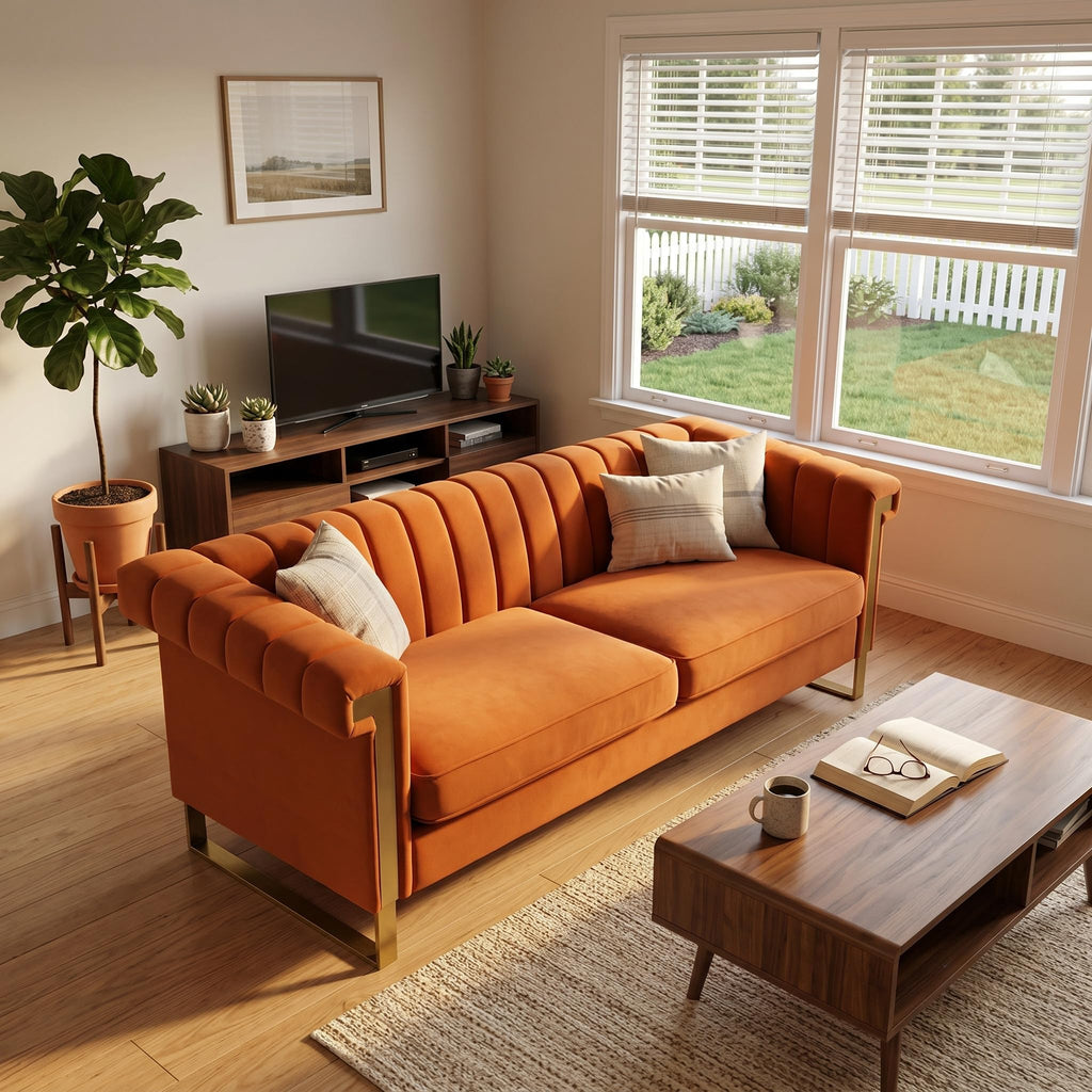 Orange Velvet Sofa with Gold Metal Legs I8968