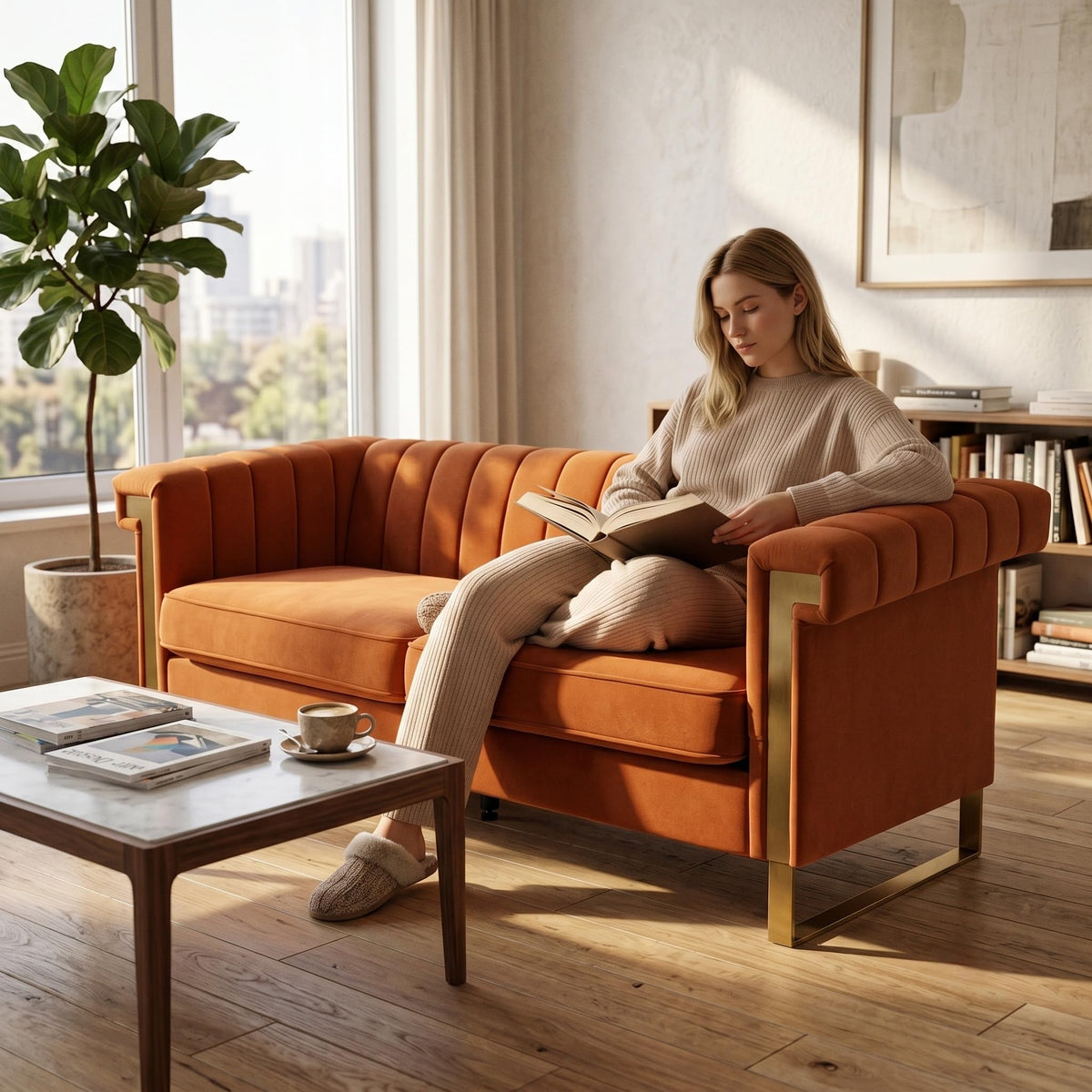 Orange Velvet Sofa with Gold Metal Legs I8968