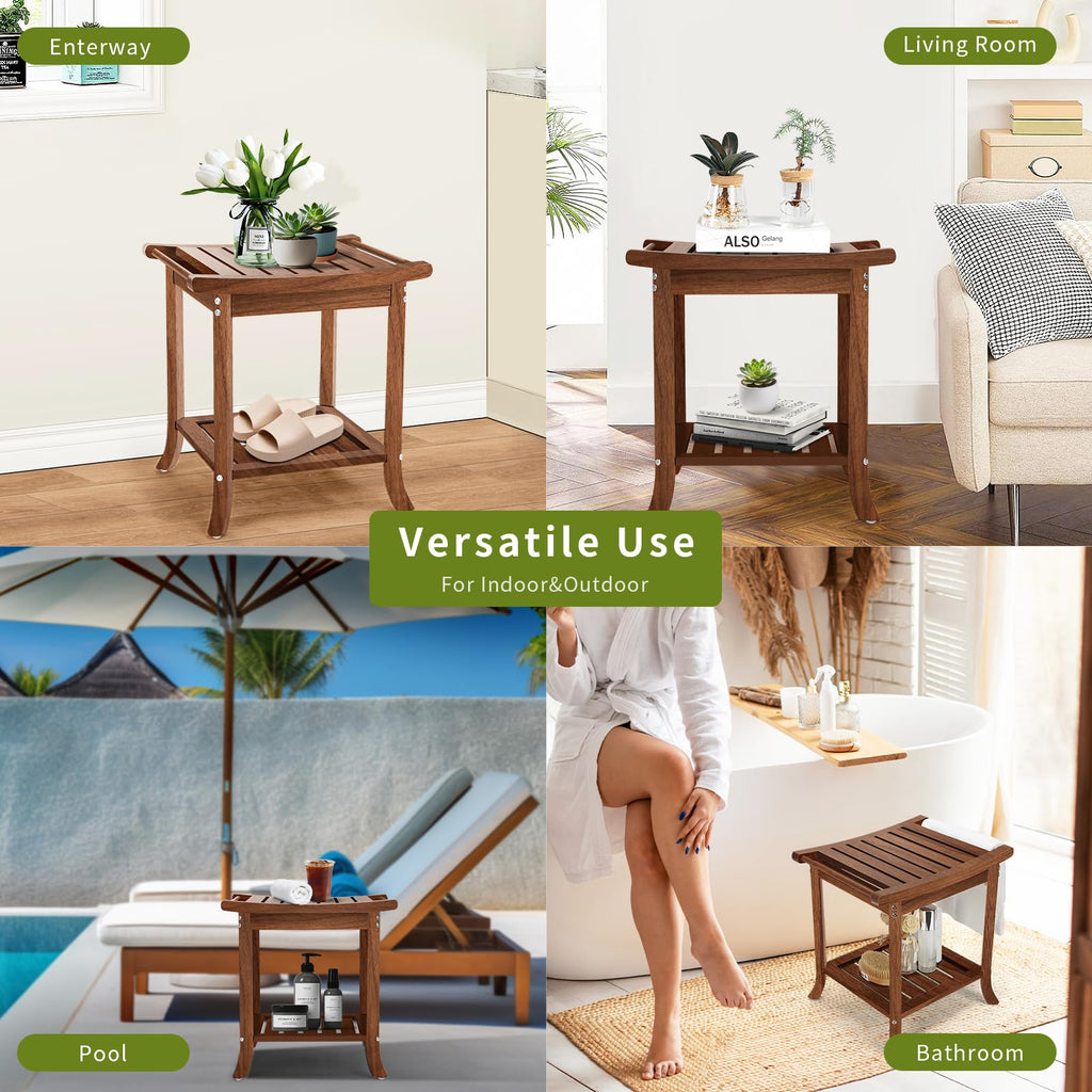 Teak Waterproof Shower Bench with Storage Shelf E925
