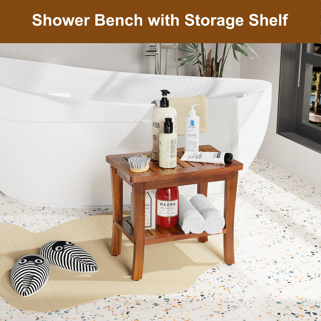 Teak Wood Shower Bench Stool with Storage Shelf U601751