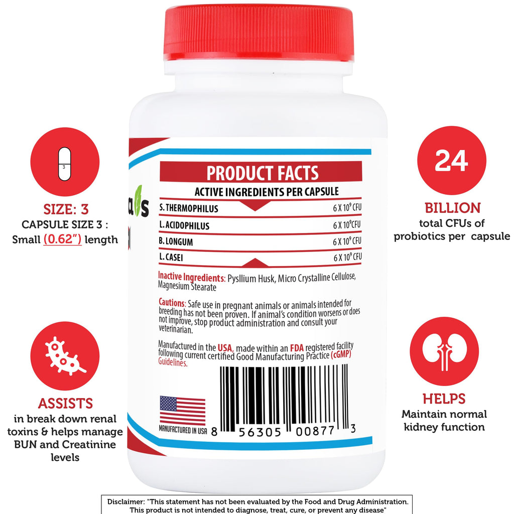 Kidney Probiotic Supplement for Dogs Cats 24 Billion CFU 120 Caps E83849