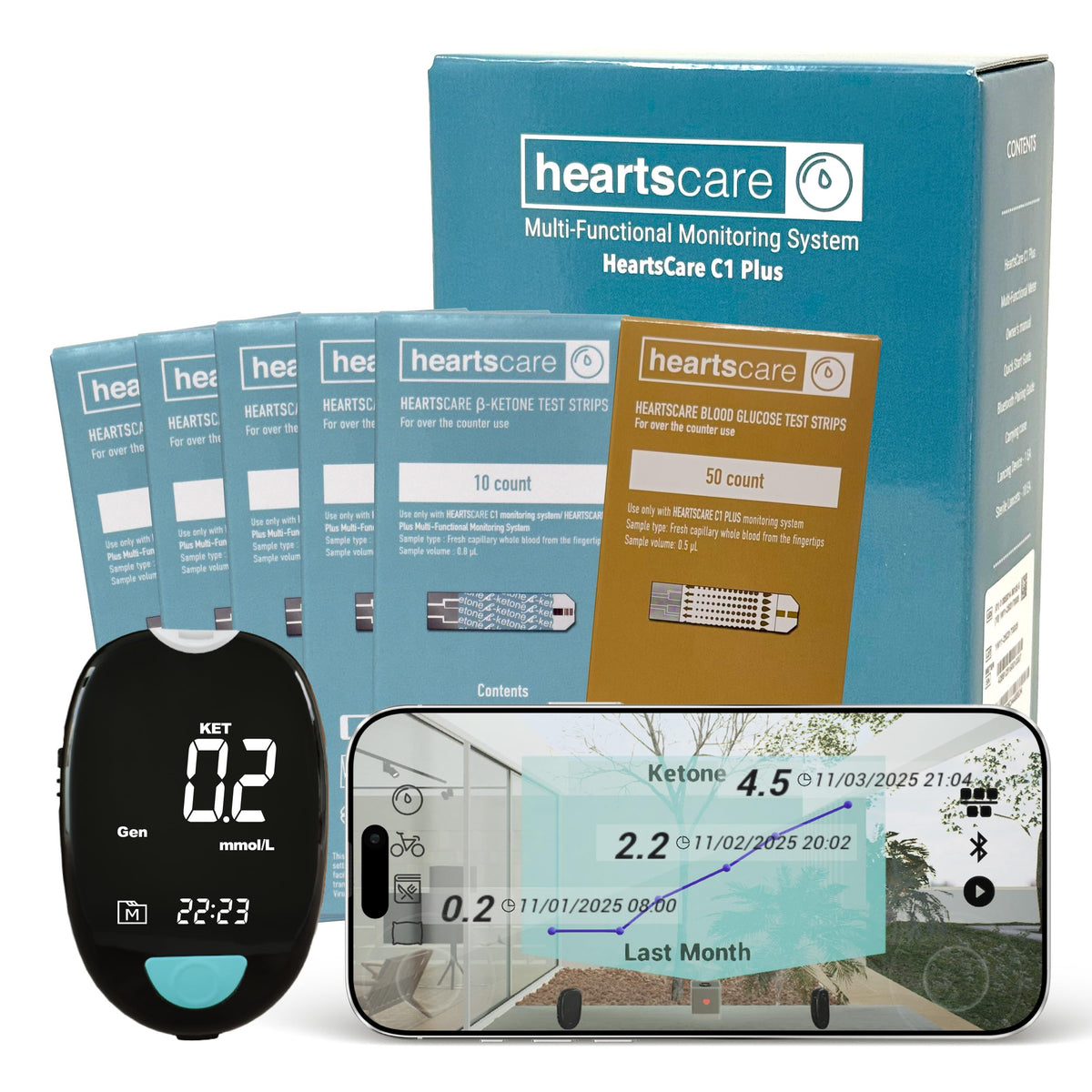 Glucose & Ketone Meter Testing Kit with 50 Ketone and 50 Glucose Test Strips C982