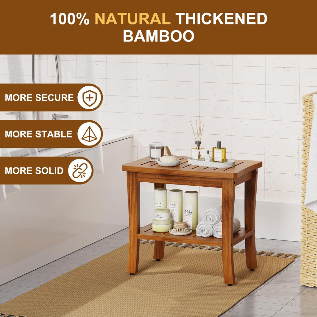 Teak Wood Shower Bench Stool with Storage Shelf U601751
