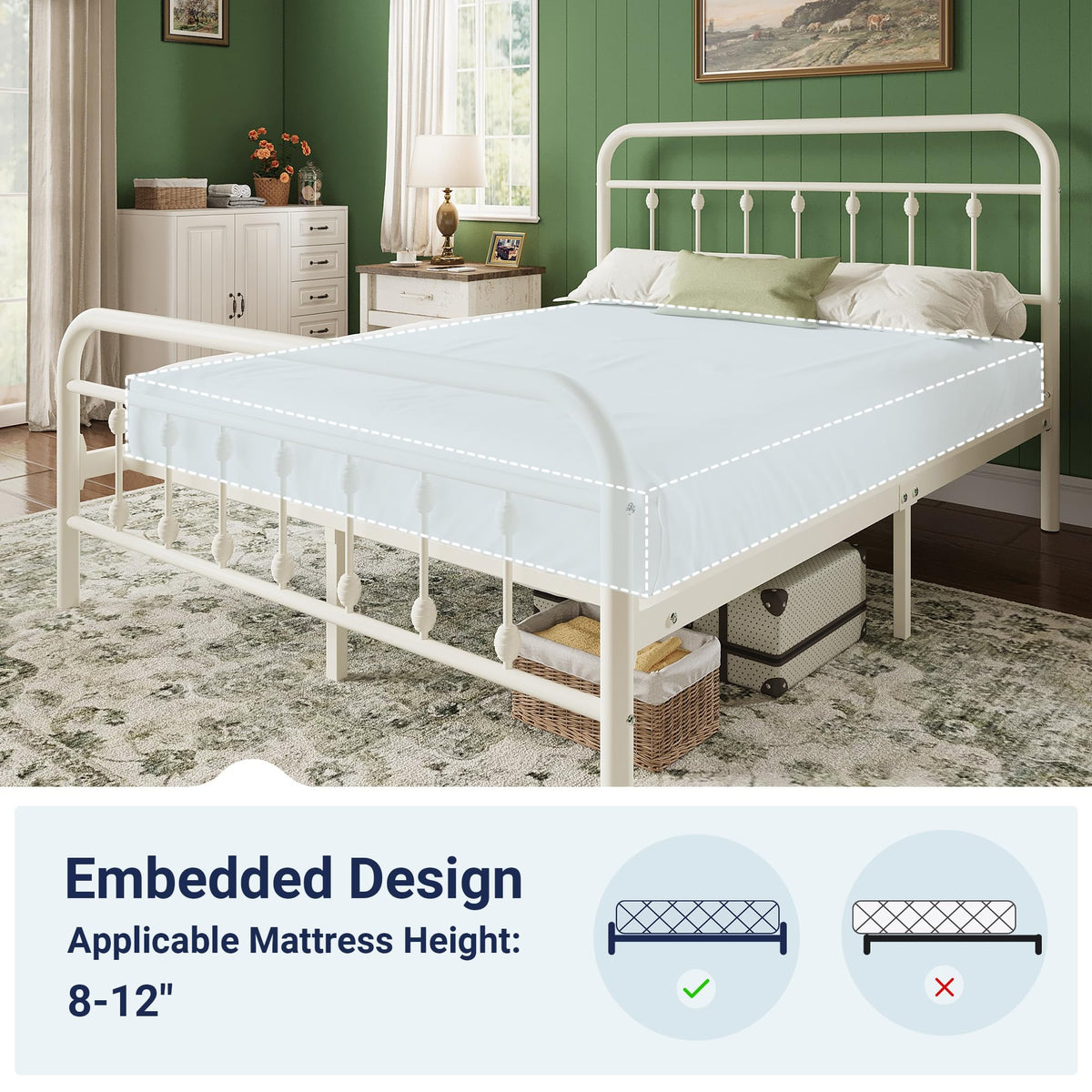 14 Inches Full Size Off White Metal Platform Bed Frame K127