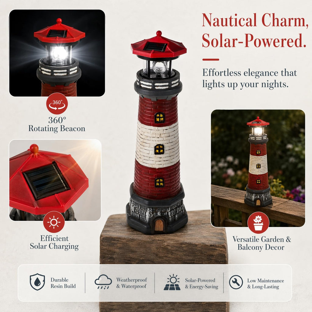 Solar Lighthouse with Rotating LED Lights 15 Inch Tall U78048
