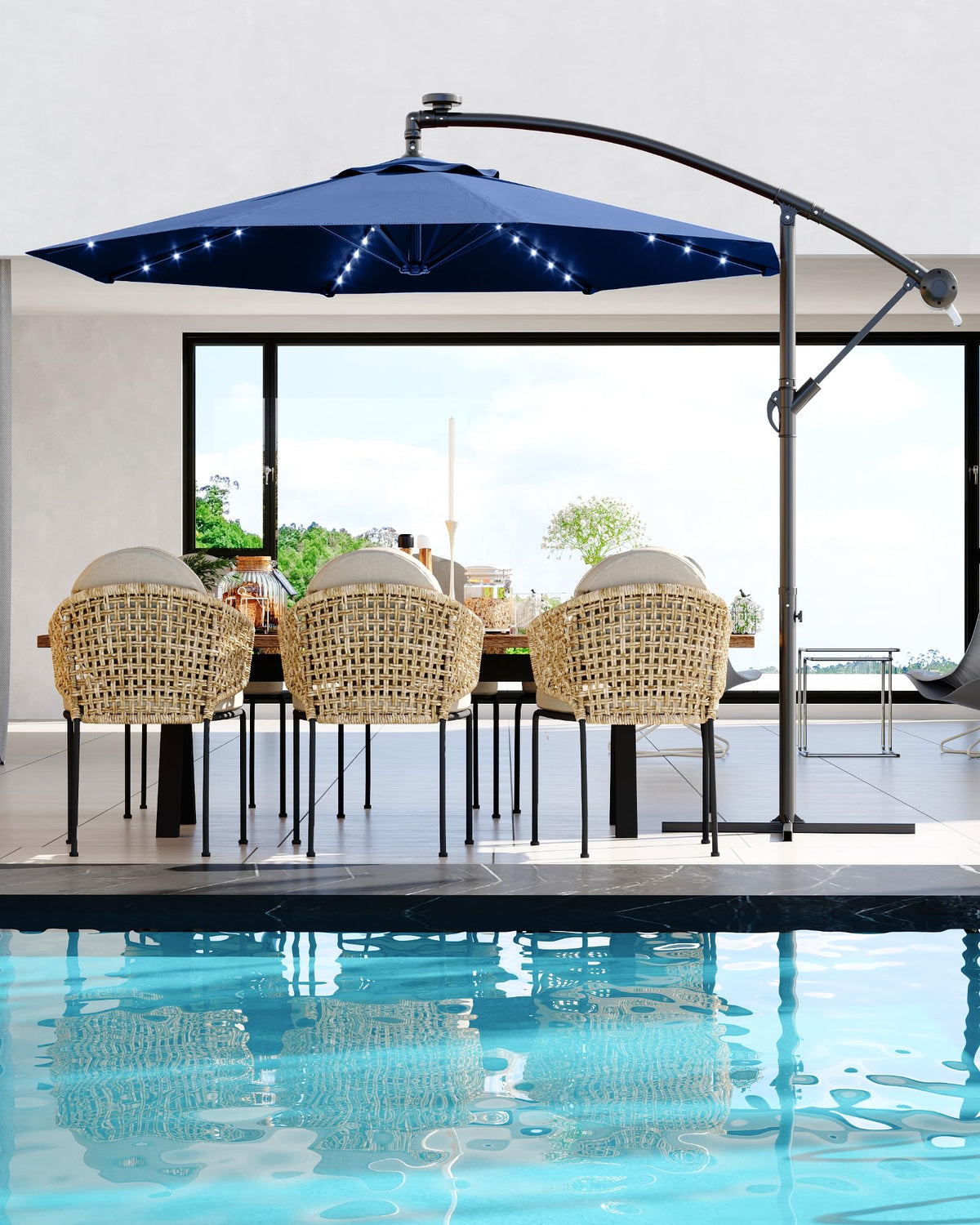 10 ft Navy Blue Cantilever Umbrella with Solar Lights Q747