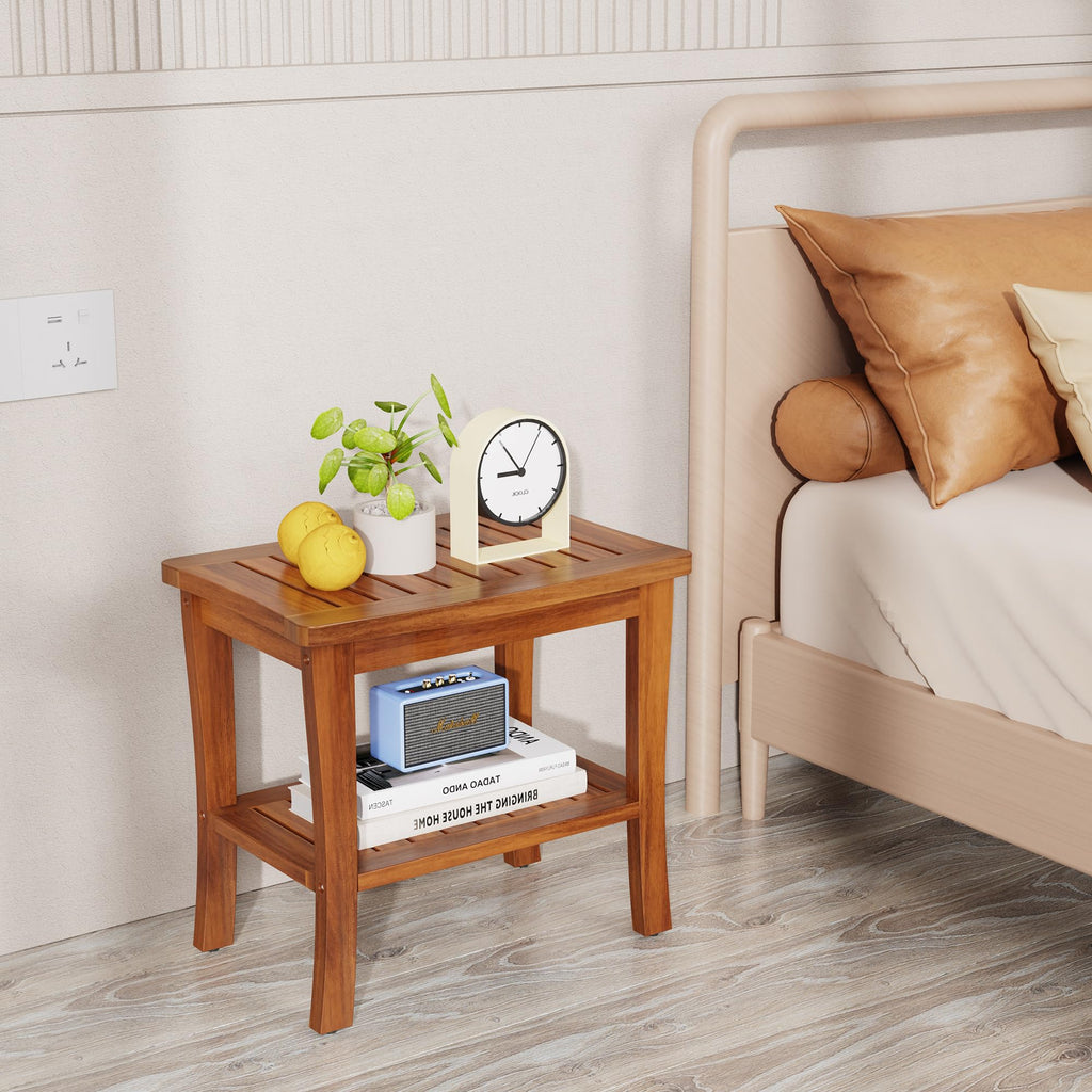 Teak Wood Shower Bench Stool with Storage Shelf U601751