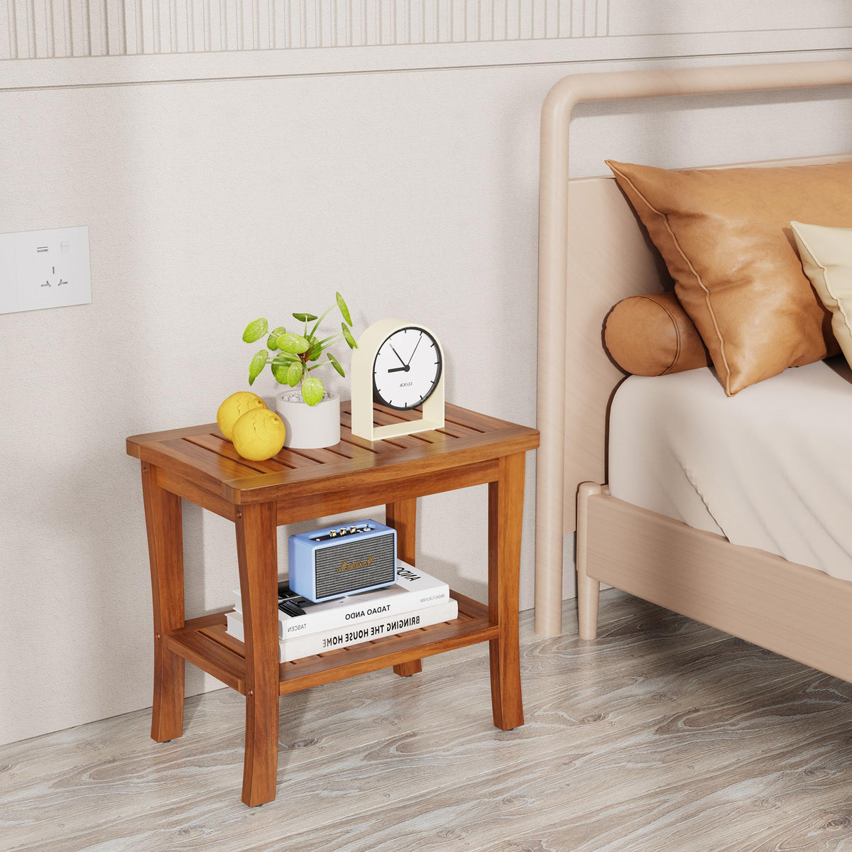 Teak Wood Shower Bench Stool with Storage Shelf U601751