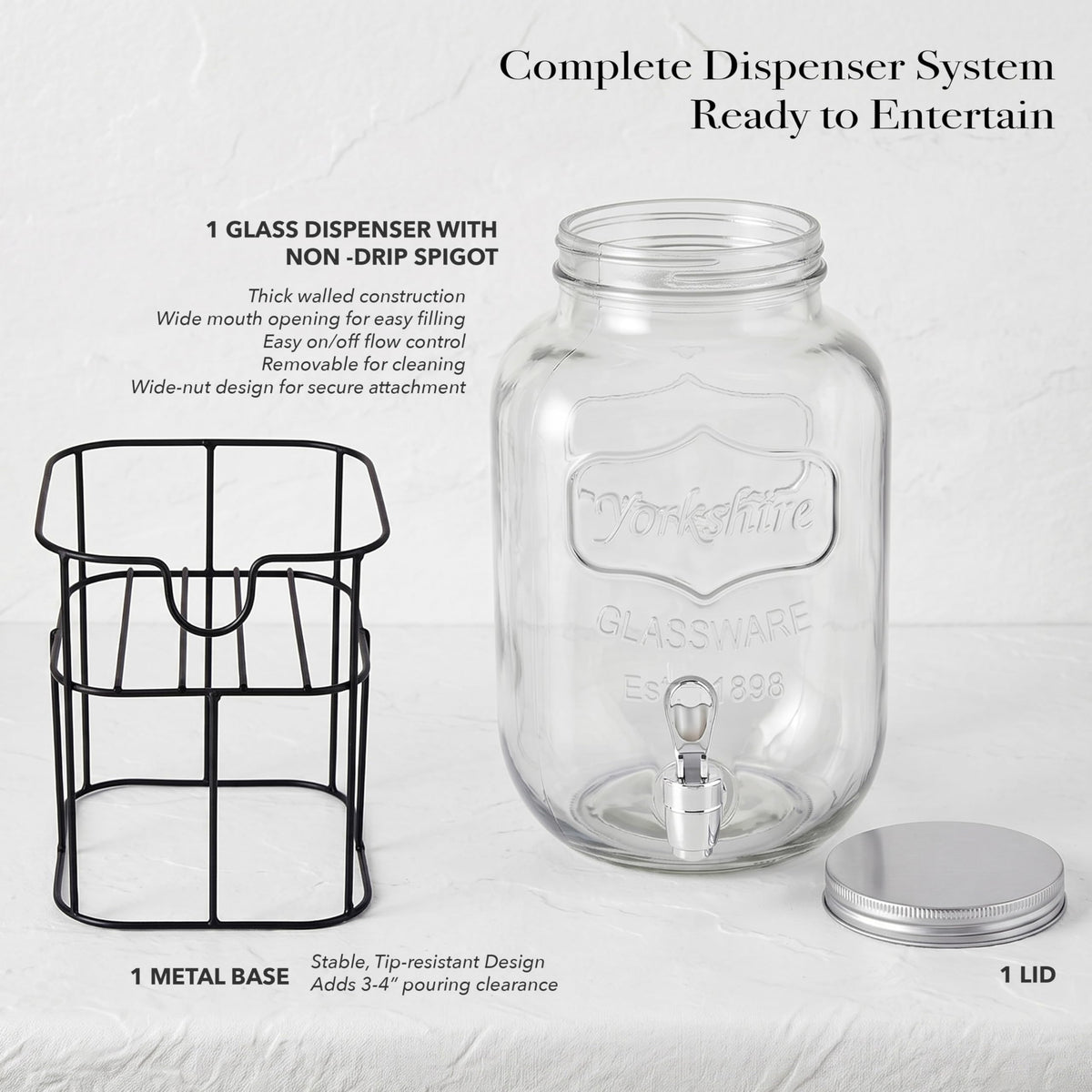 Mason Jar Glass Beverage Dispenser with Metal Stand, 1 Gal U45353