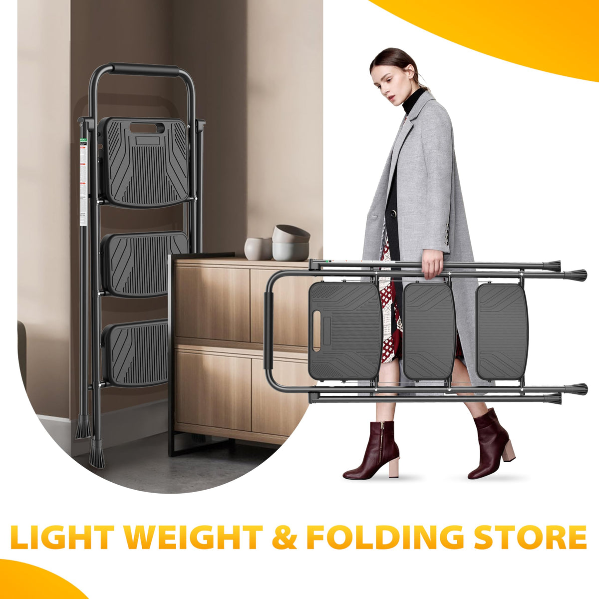 Folding Steel 3-Step Ladder with Handrail W76998