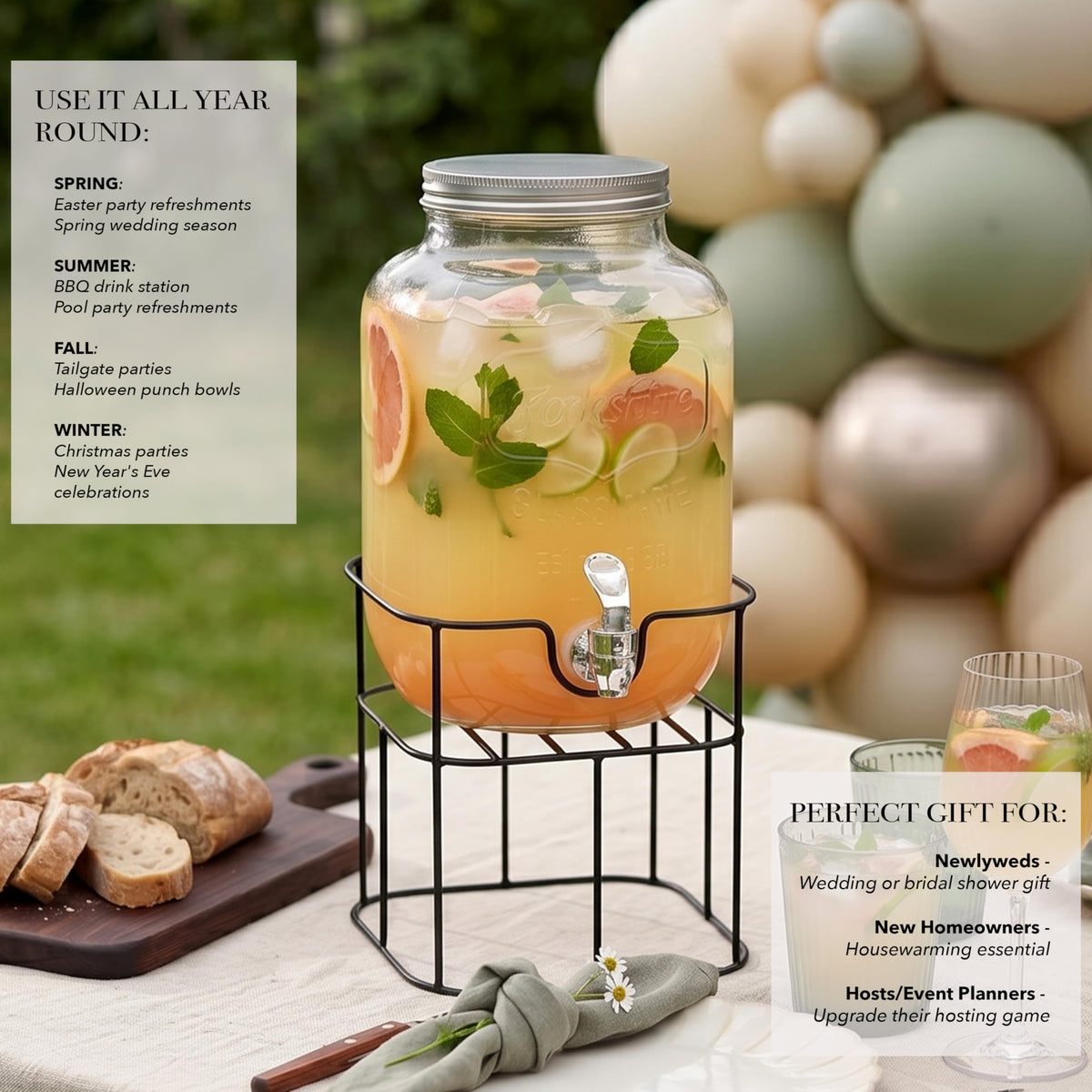 Mason Jar Glass Beverage Dispenser with Metal Stand, 1 Gal U45353