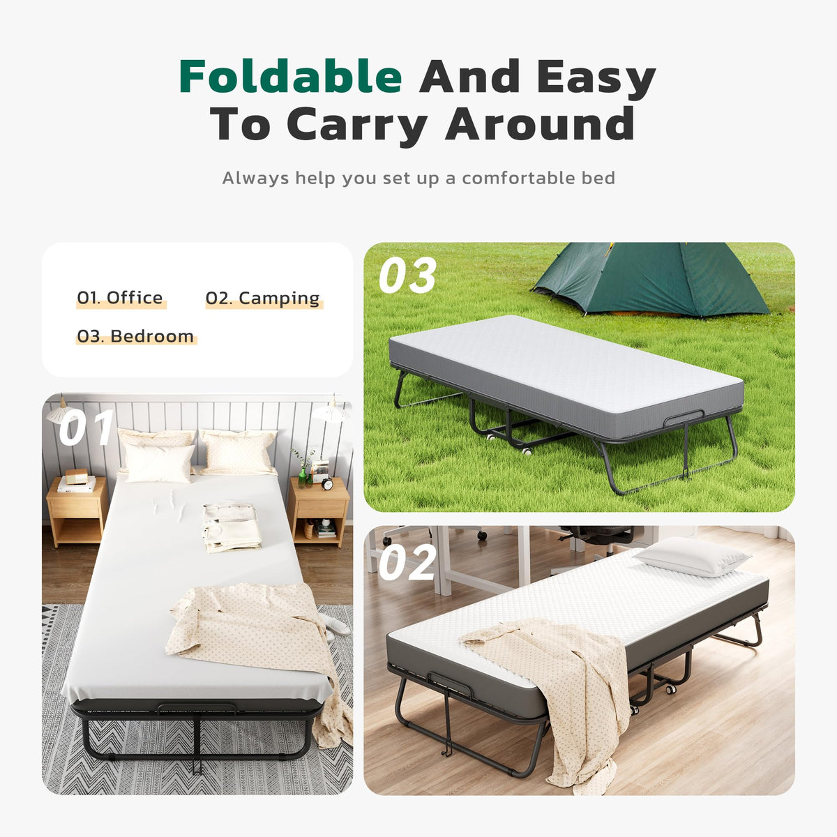 Folding Bed with Mattress Metal Frame Cot Size S365309