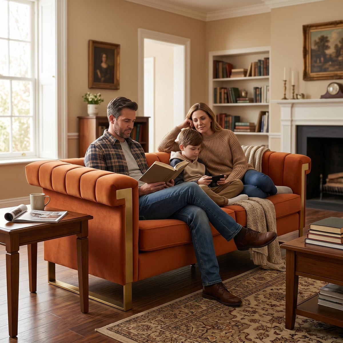 Orange Velvet Sofa with Gold Metal Legs I8968