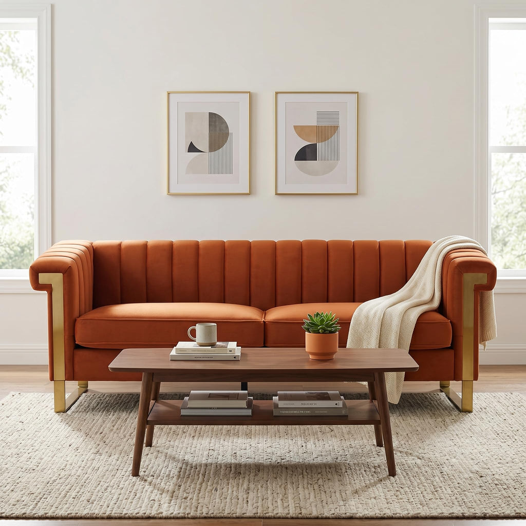 Orange Velvet Sofa with Gold Metal Legs I8968