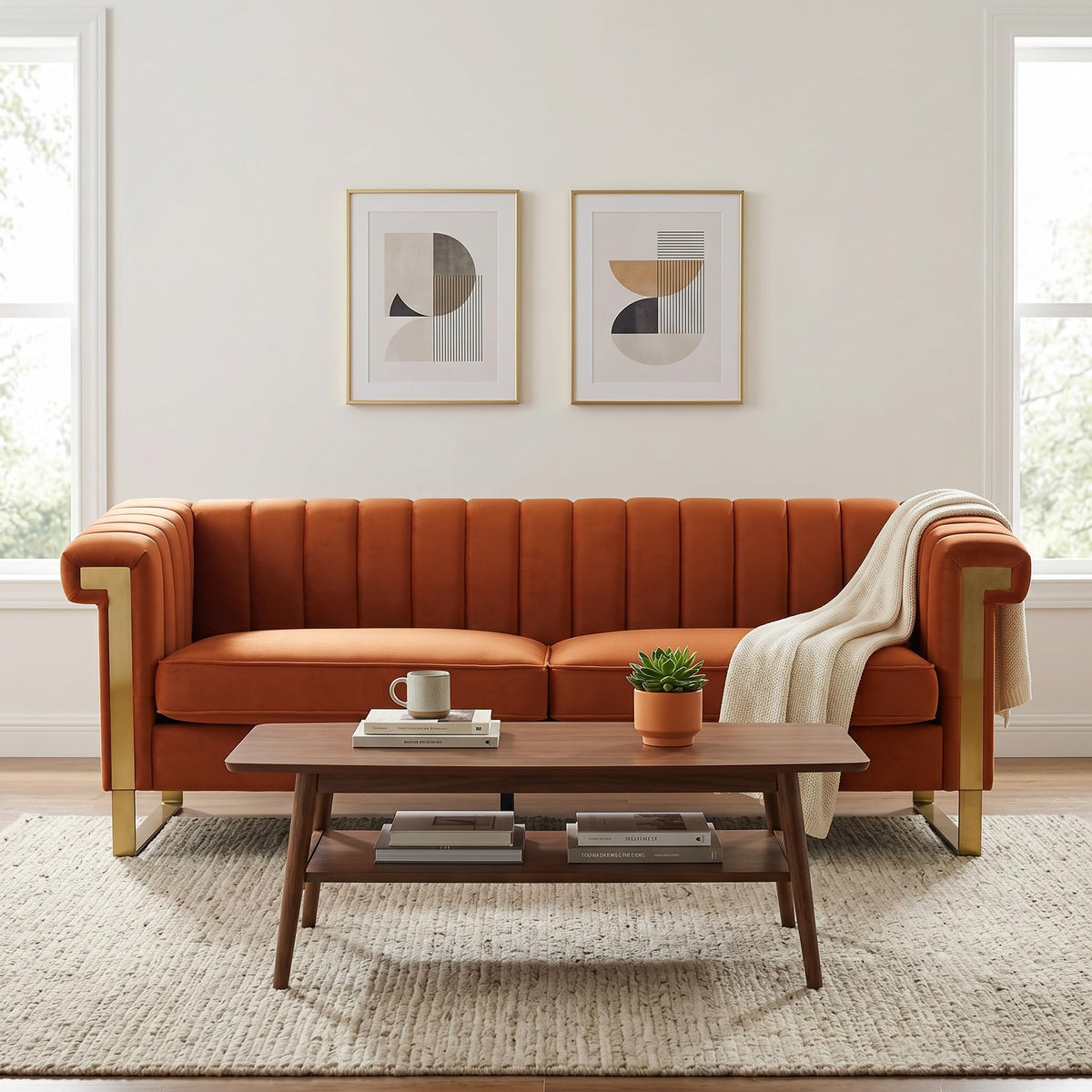 Orange Velvet Sofa with Gold Metal Legs I8968