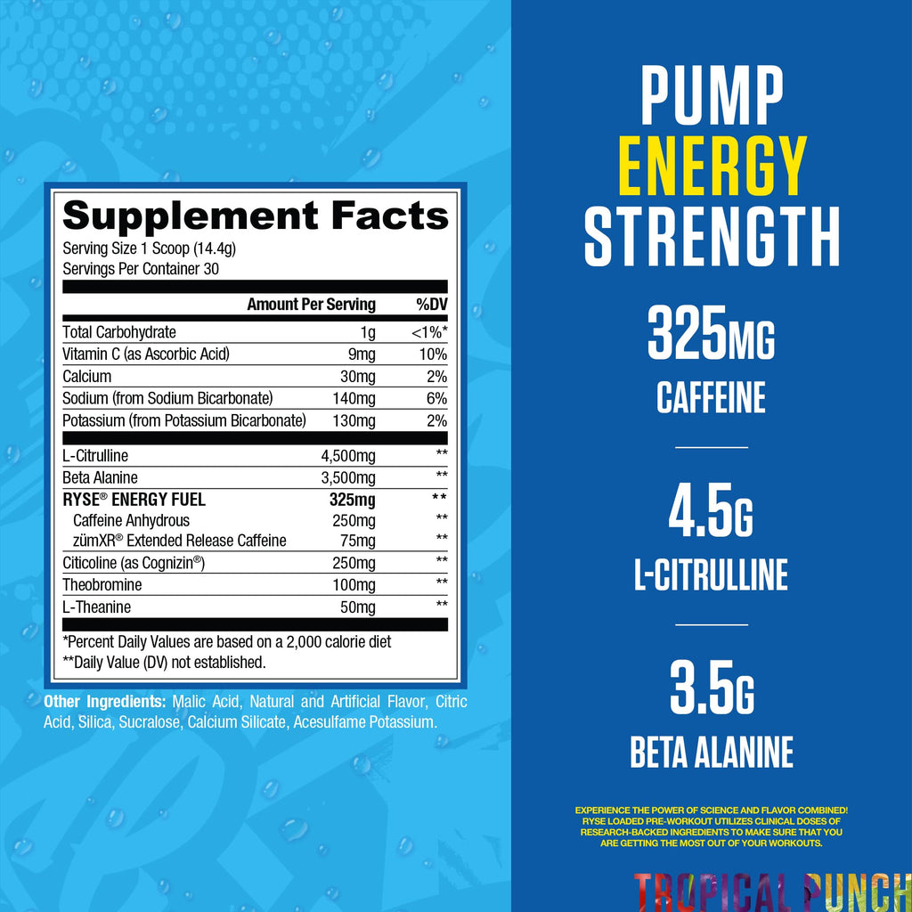 Pre Workout Powder Tropical Punch 300mg Caffeine 30 Servings S36029
