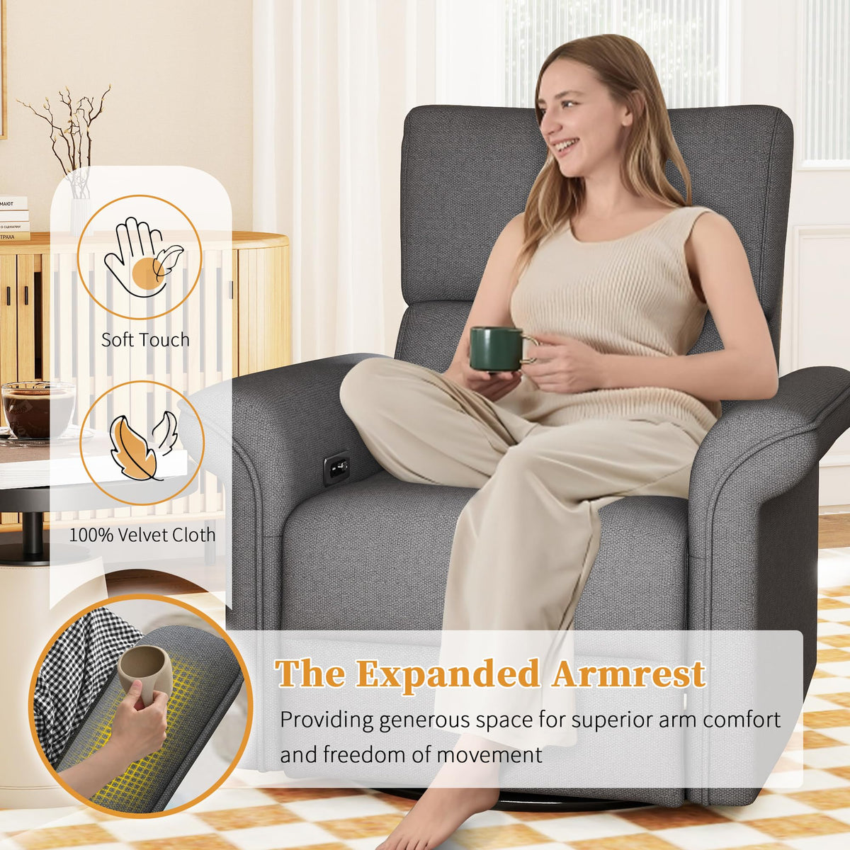 Power Swivel Rocker Recliner Chair Velvet E27005