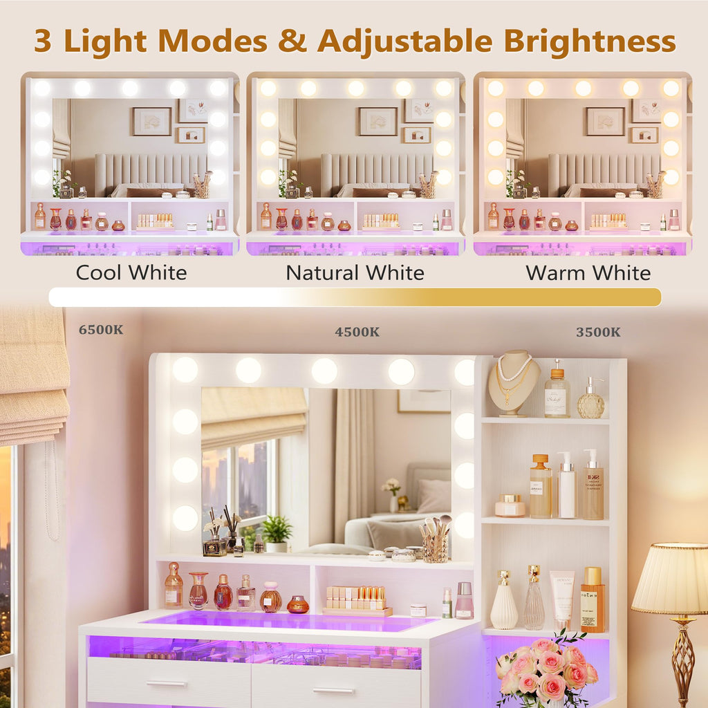 White Vanity Desk with Mirror and Lights G625