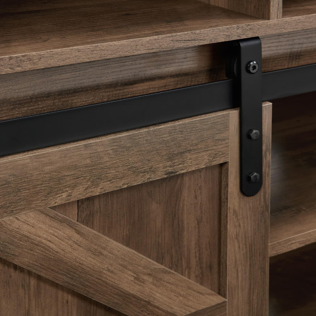 Natural Brown Wood TV Stand with Sliding Barn Door R9490